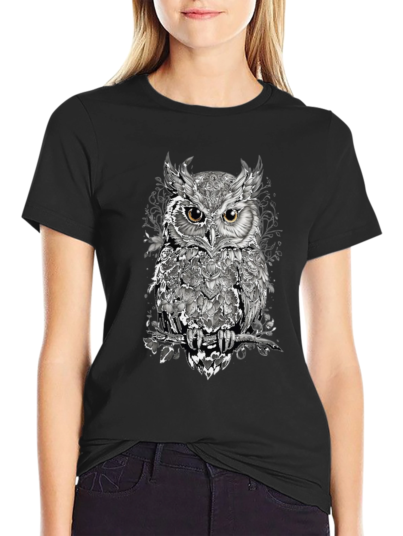 Artistic Owl Graphic T-Shirt - Mens Black Tee