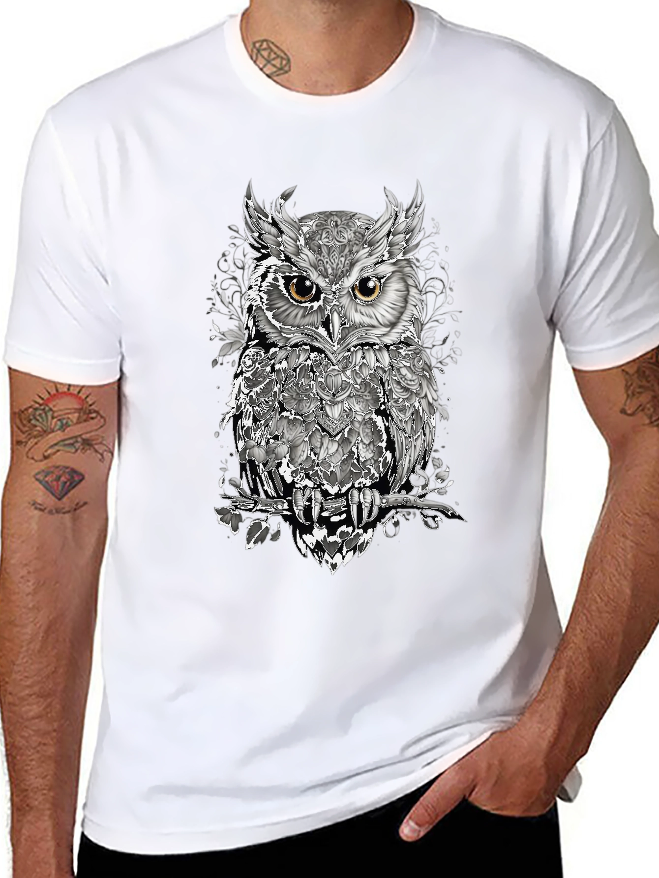 Artistic Owl Graphic T-Shirt - Mens Black Tee