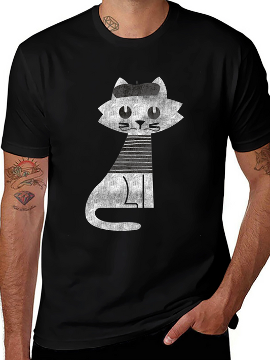 Retro Cat Graphic Tee - Cool Black Cotton T-Shirt
