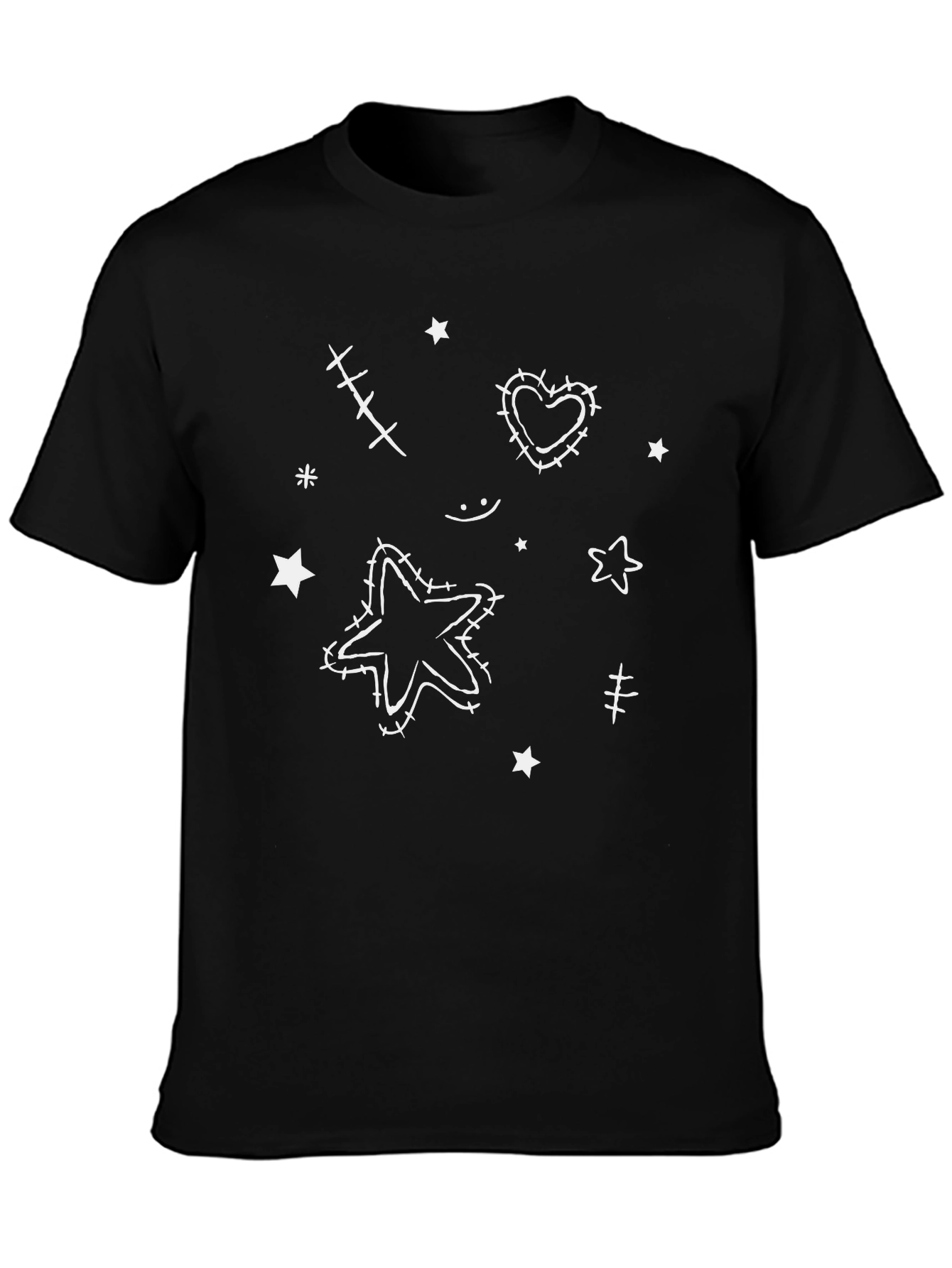 Whimsical Star & Heart Graphic Tee - Black