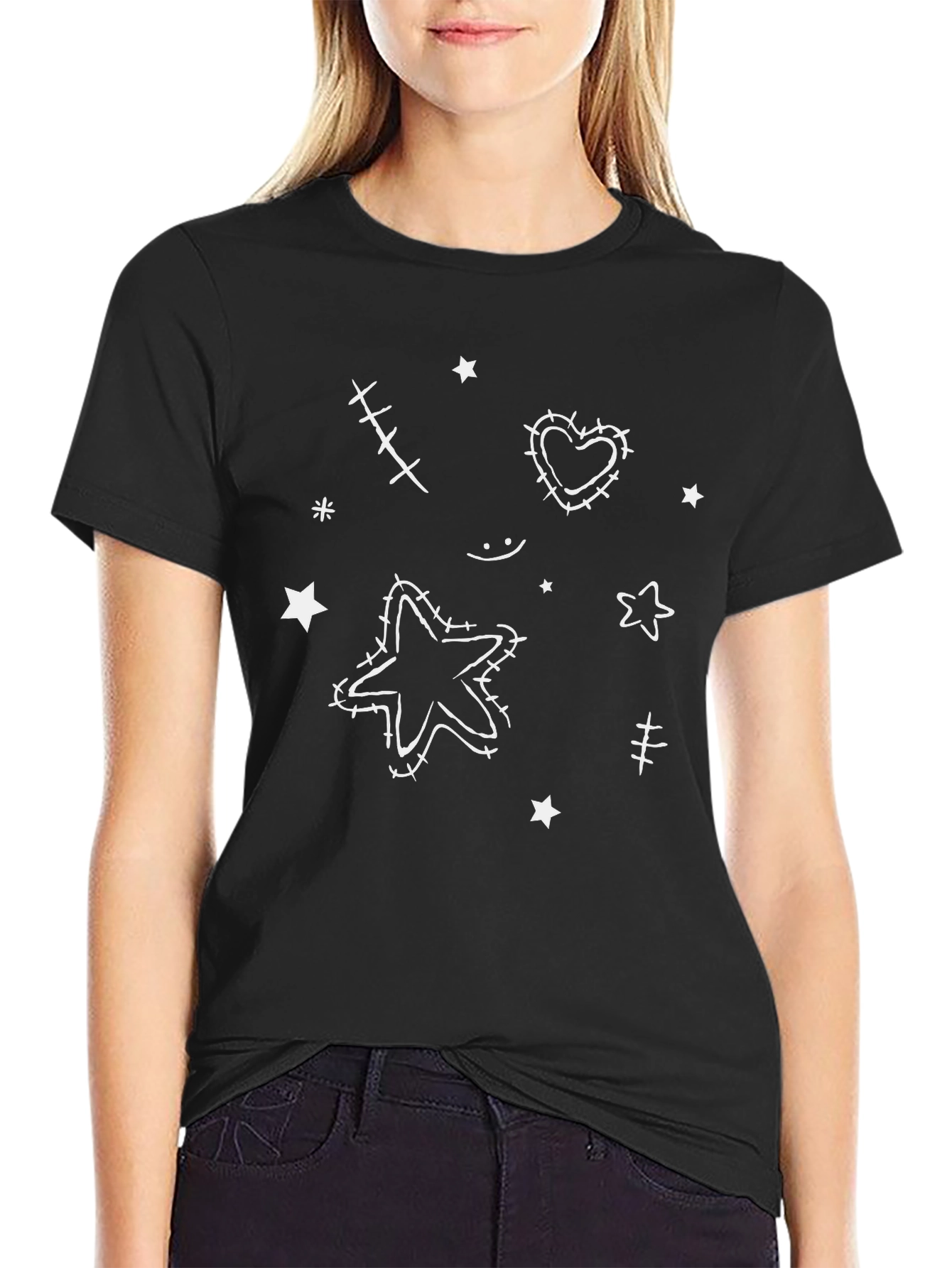 Whimsical Star & Heart Graphic Tee - Black