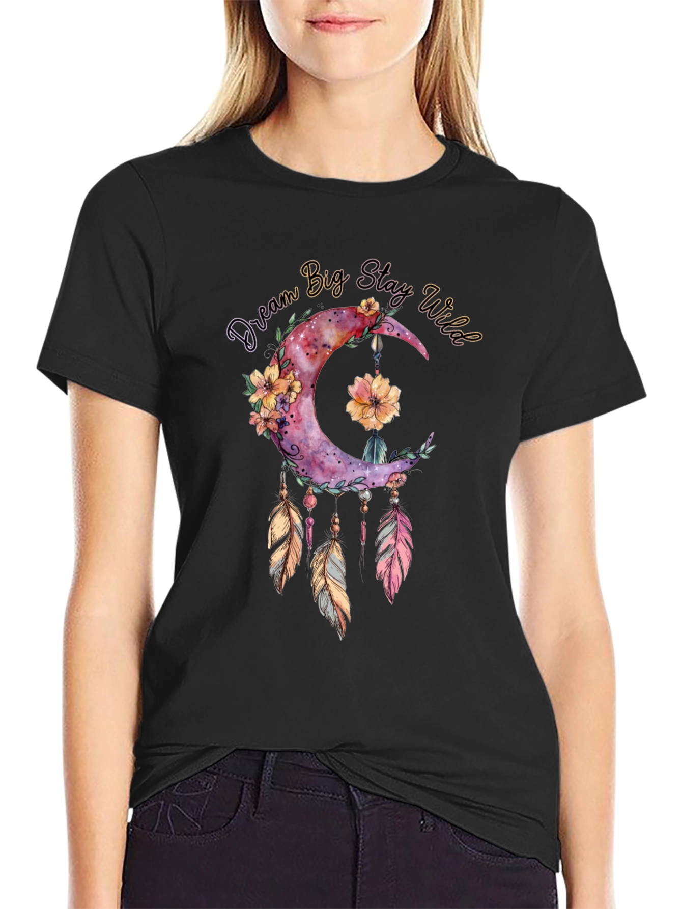 Dream Big Stay Wild Moon Feather Graphic Tee