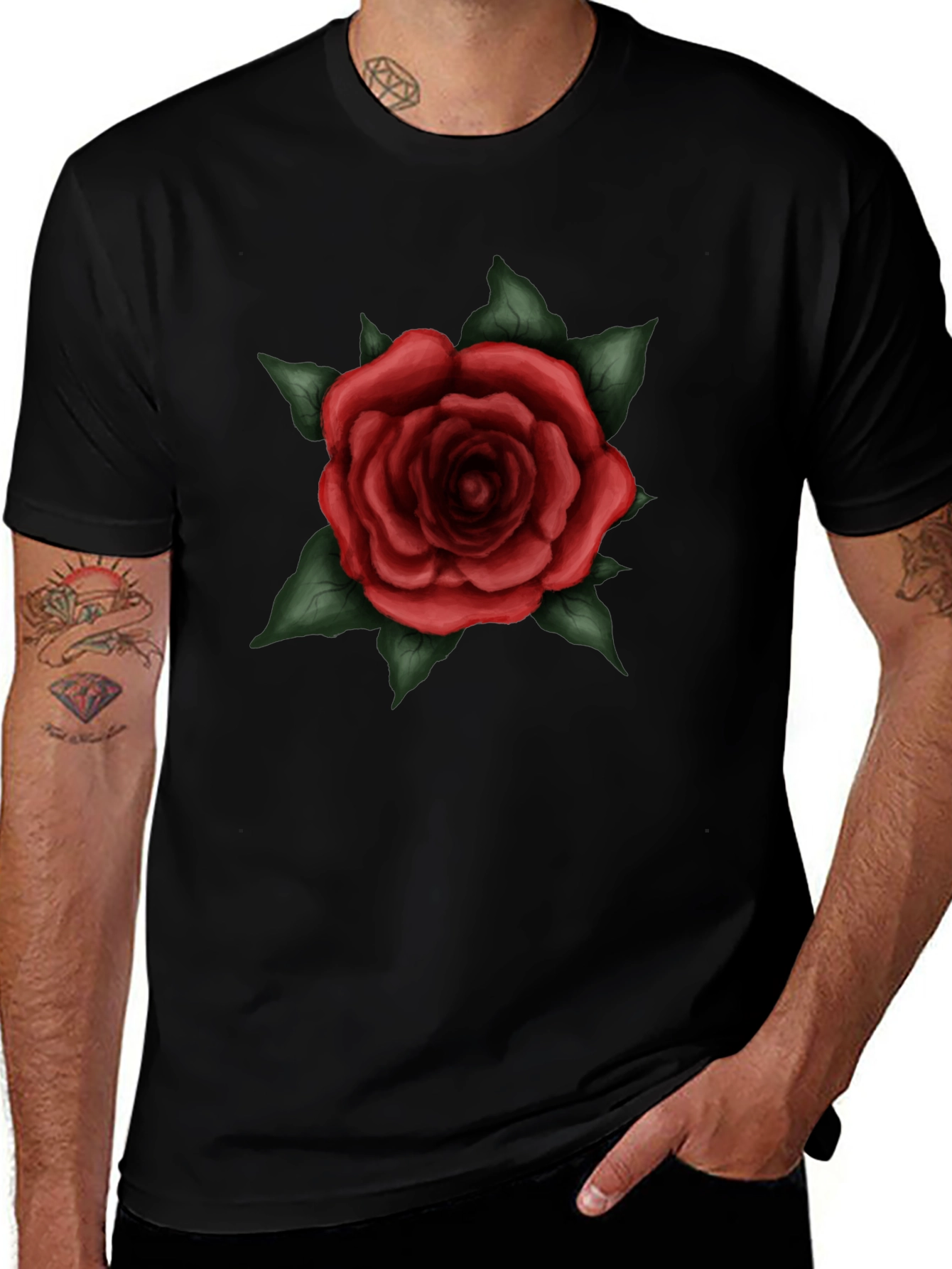 Mens Black T-Shirt with Red Rose Graphic