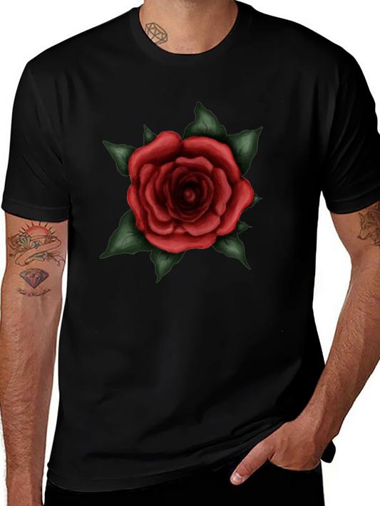 Mens Black T-Shirt with Red Rose Graphic