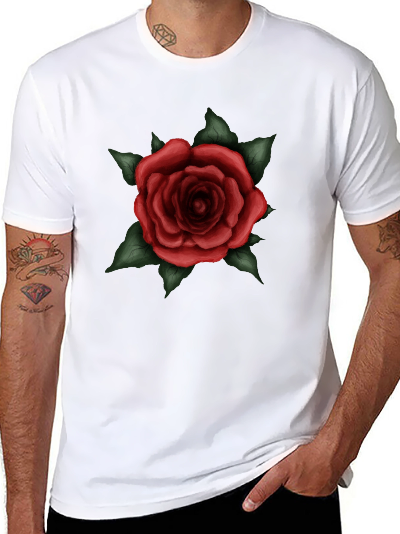 Mens Black T-Shirt with Red Rose Graphic