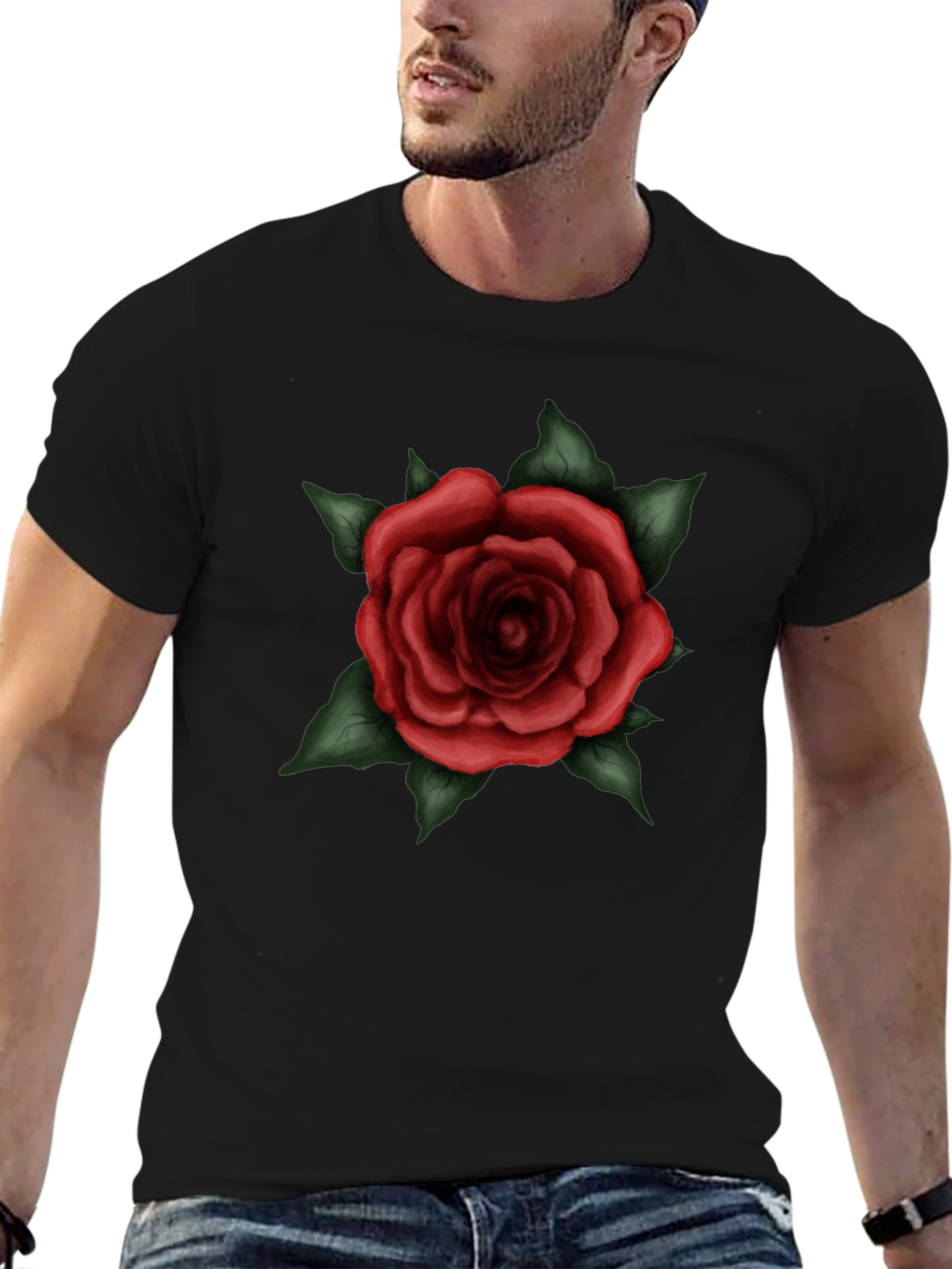 Mens Black T-Shirt with Red Rose Graphic