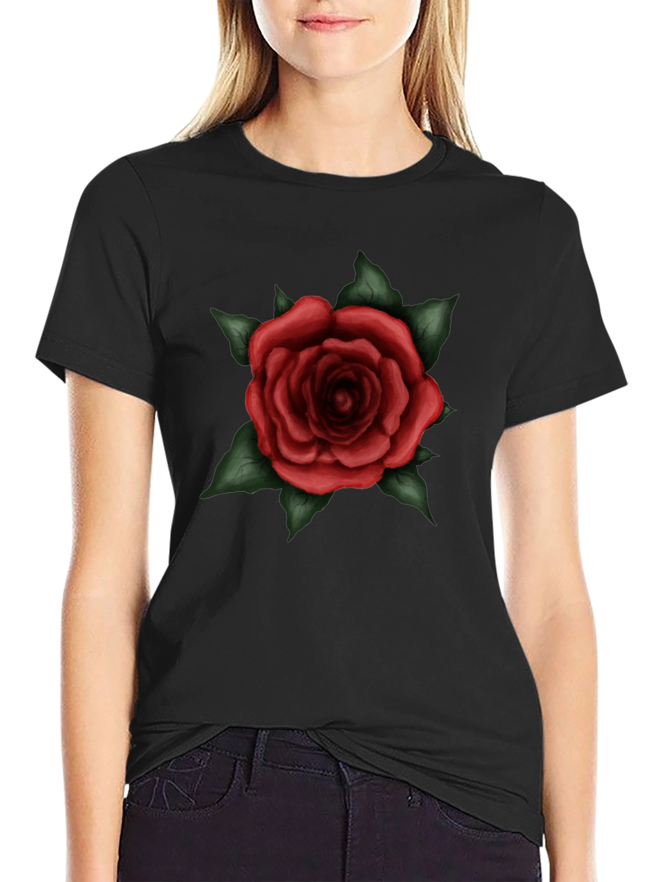 Mens Black T-Shirt with Red Rose Graphic