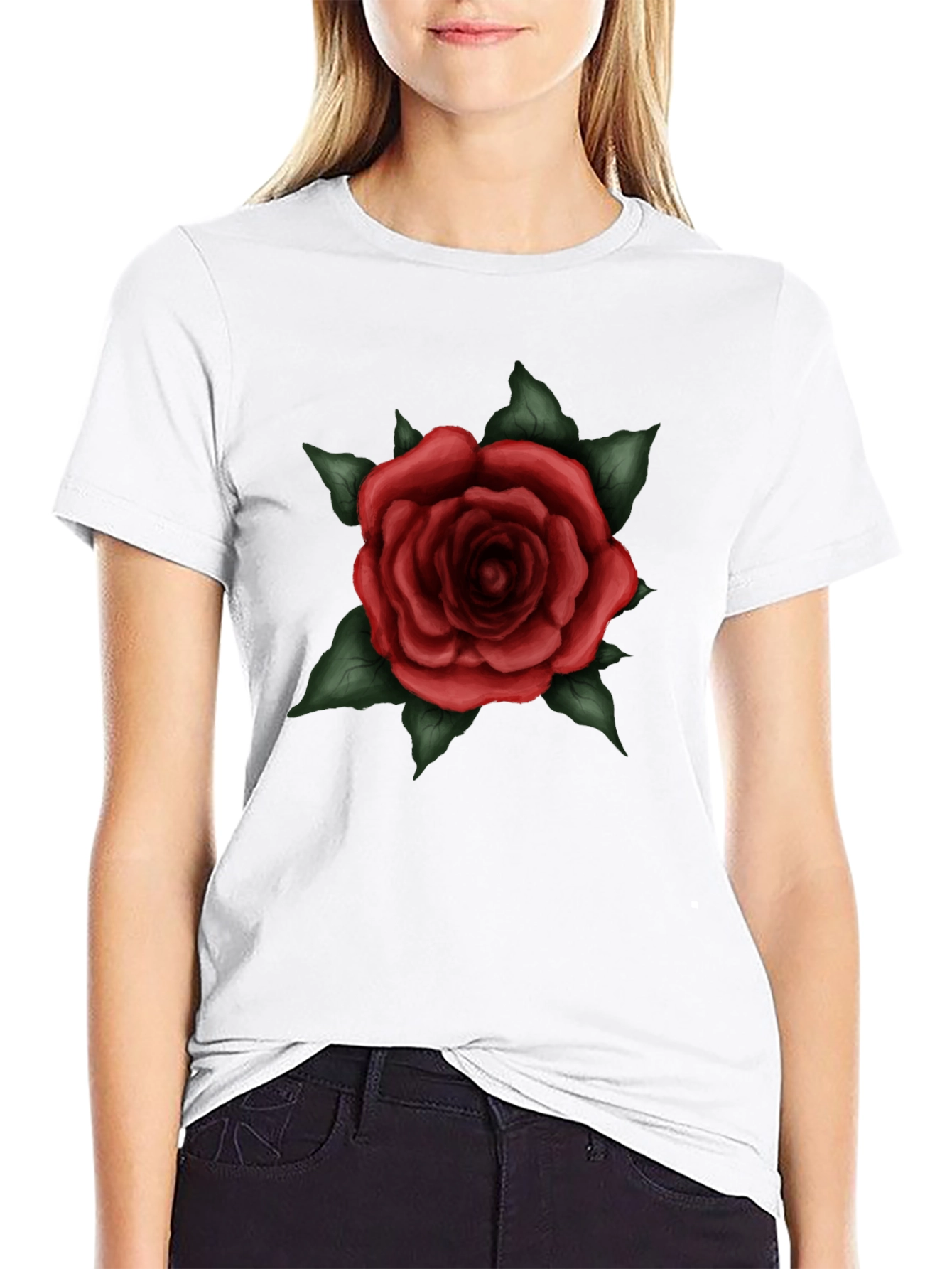 Mens Black T-Shirt with Red Rose Graphic