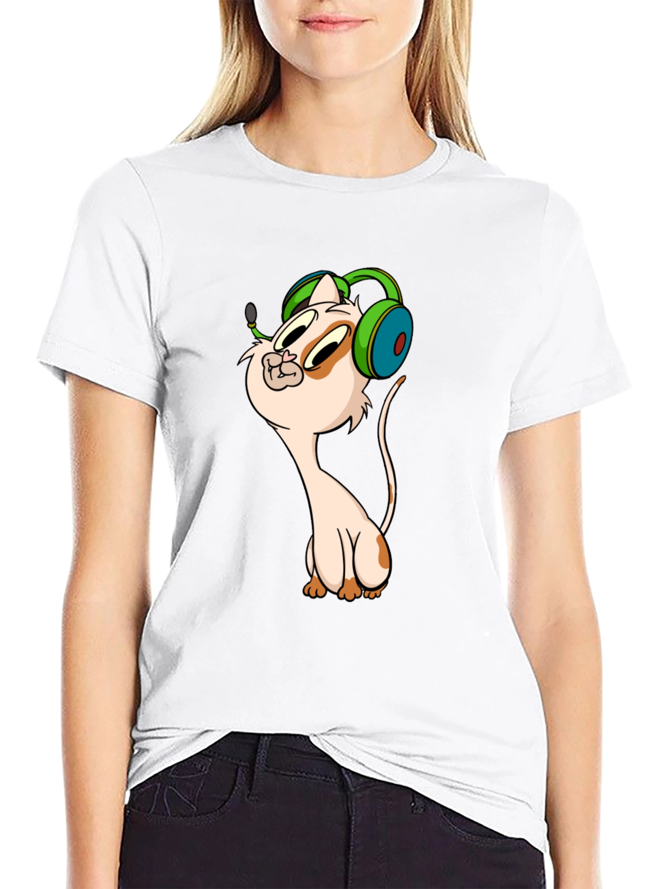 Cartoon Cat Gamer Graphic Tee - Black T-Shirt