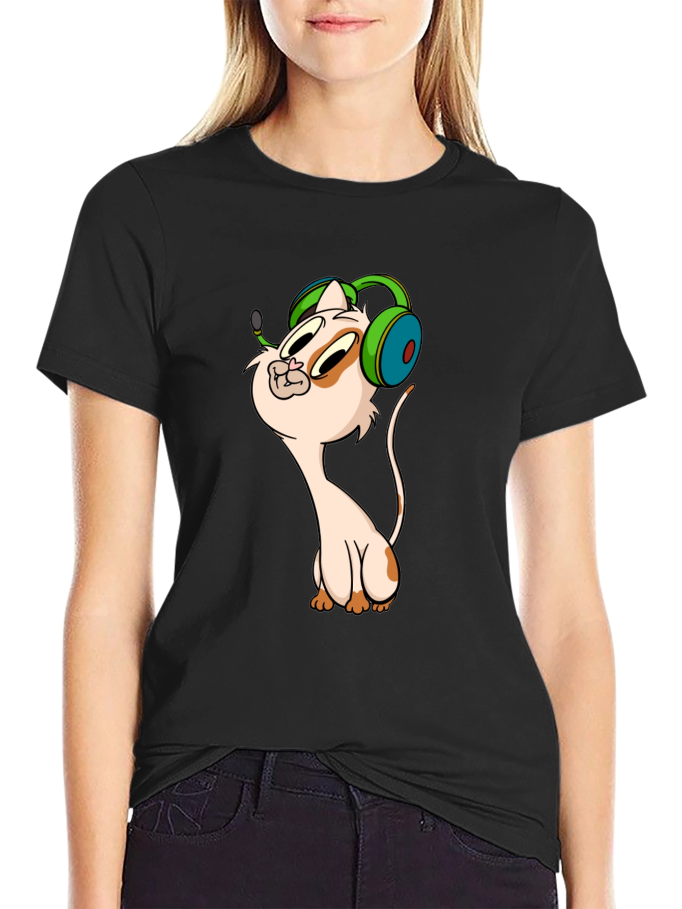 Cartoon Cat Gamer Graphic Tee - Black T-Shirt