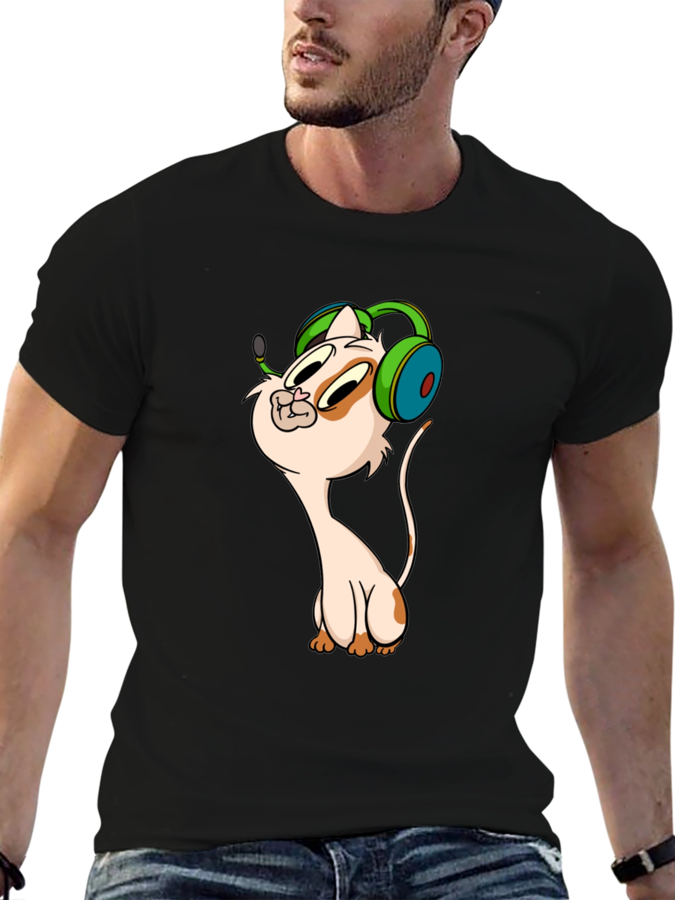 Cartoon Cat Gamer Graphic Tee - Black T-Shirt