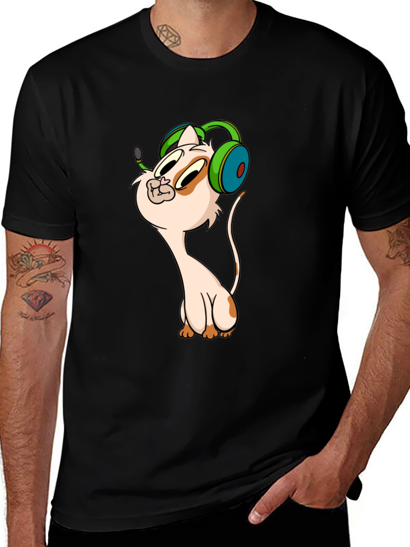 Cartoon Cat Gamer Graphic Tee - Black T-Shirt