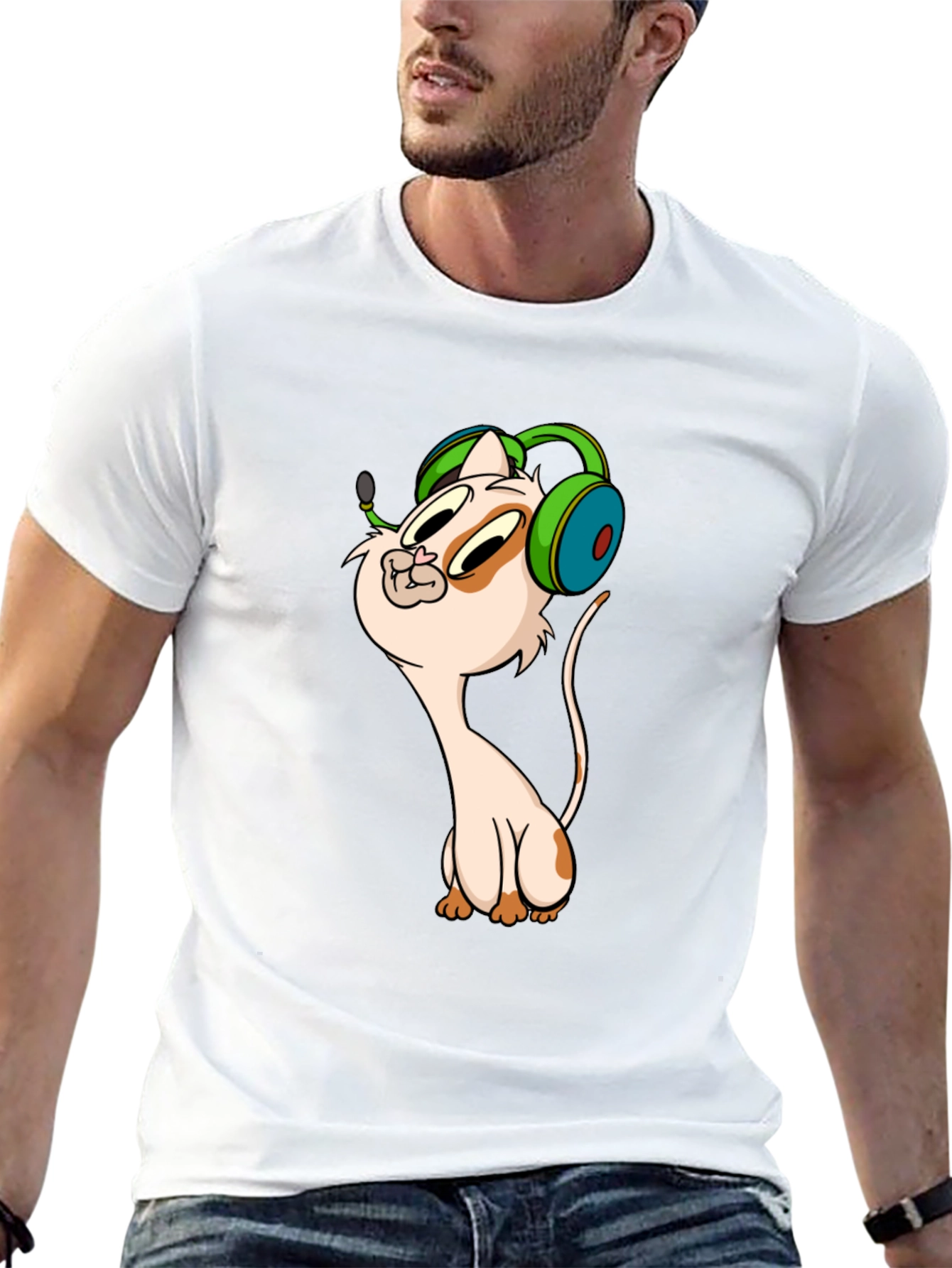 Cartoon Cat Gamer Graphic Tee - Black T-Shirt