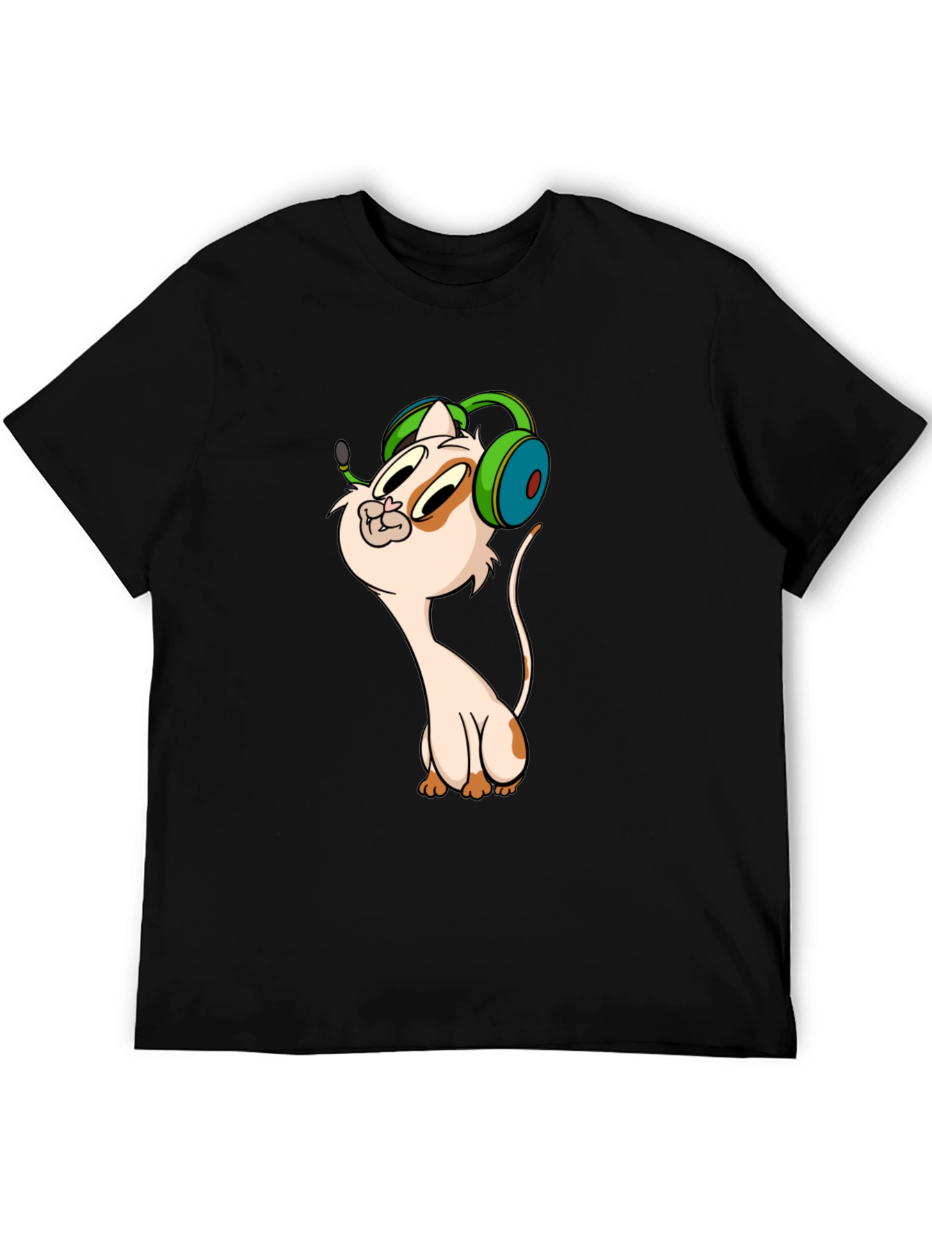 Cartoon Cat Gamer Graphic Tee - Black T-Shirt