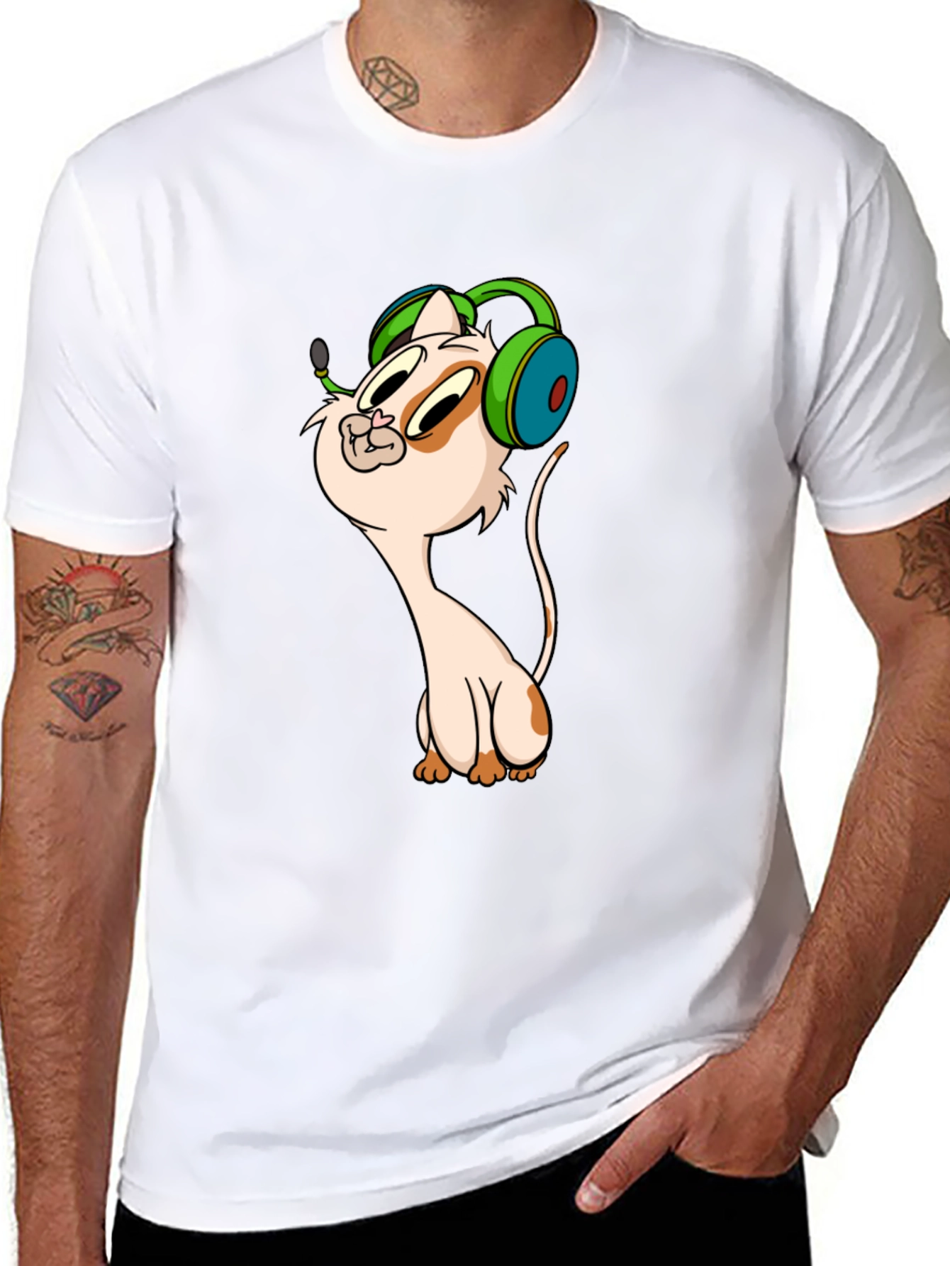 Cartoon Cat Gamer Graphic Tee - Black T-Shirt
