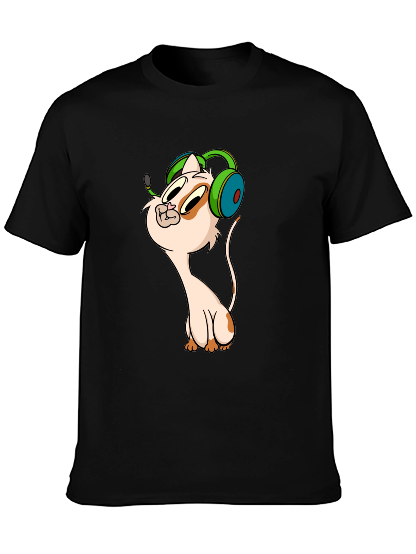 Cartoon Cat Gamer Graphic Tee - Black T-Shirt