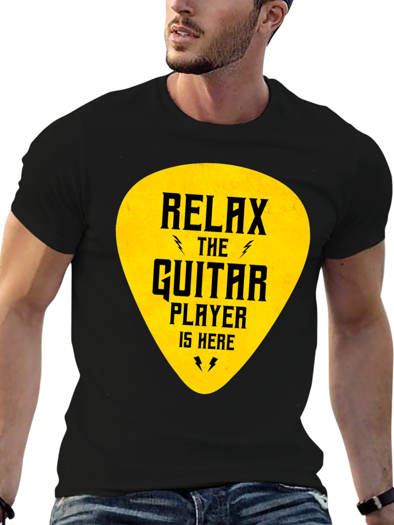 Relax Guitar Player T-Shirt - Black Crew Neck Tee