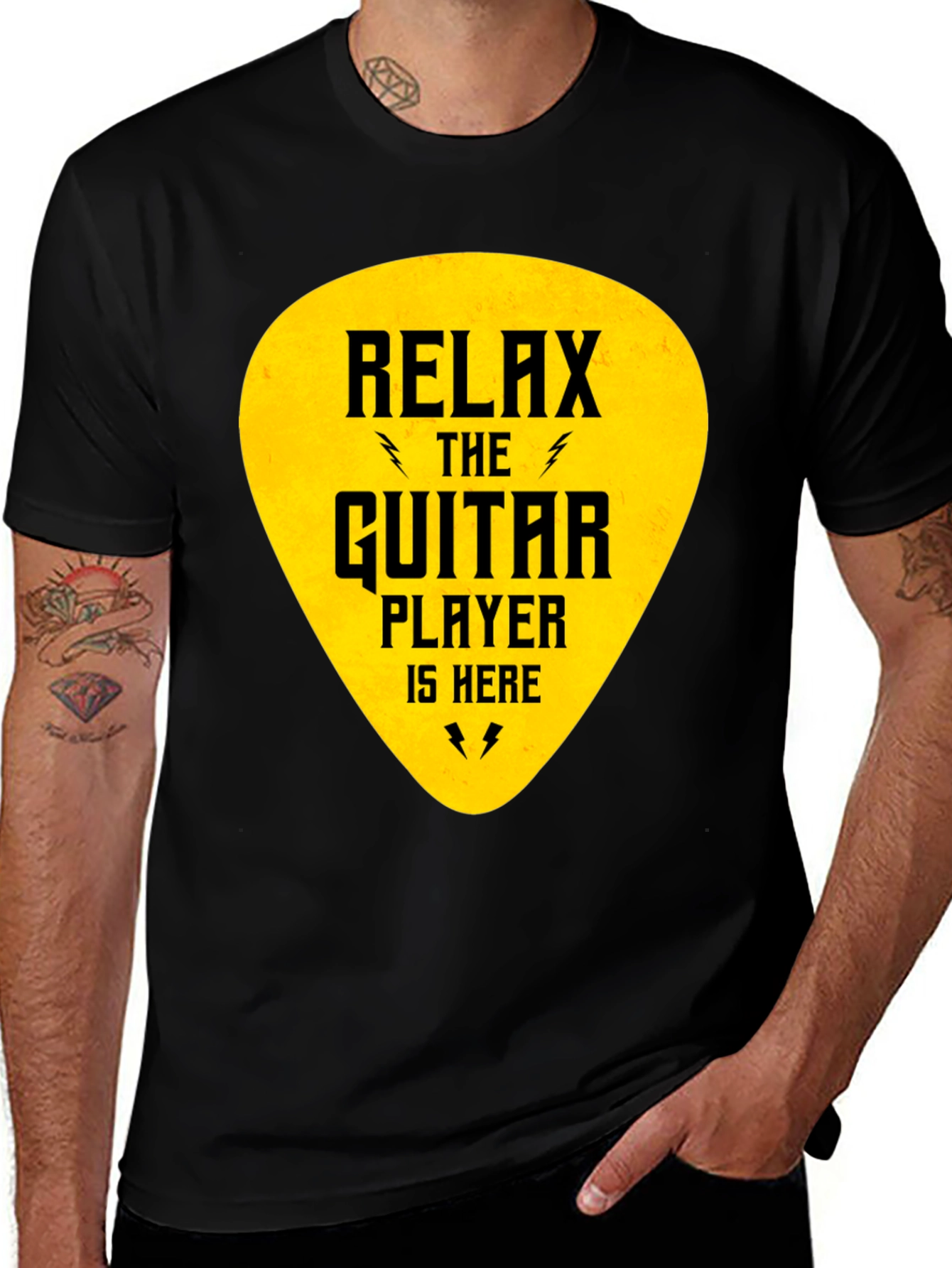 Relax Guitar Player T-Shirt - Black Crew Neck Tee