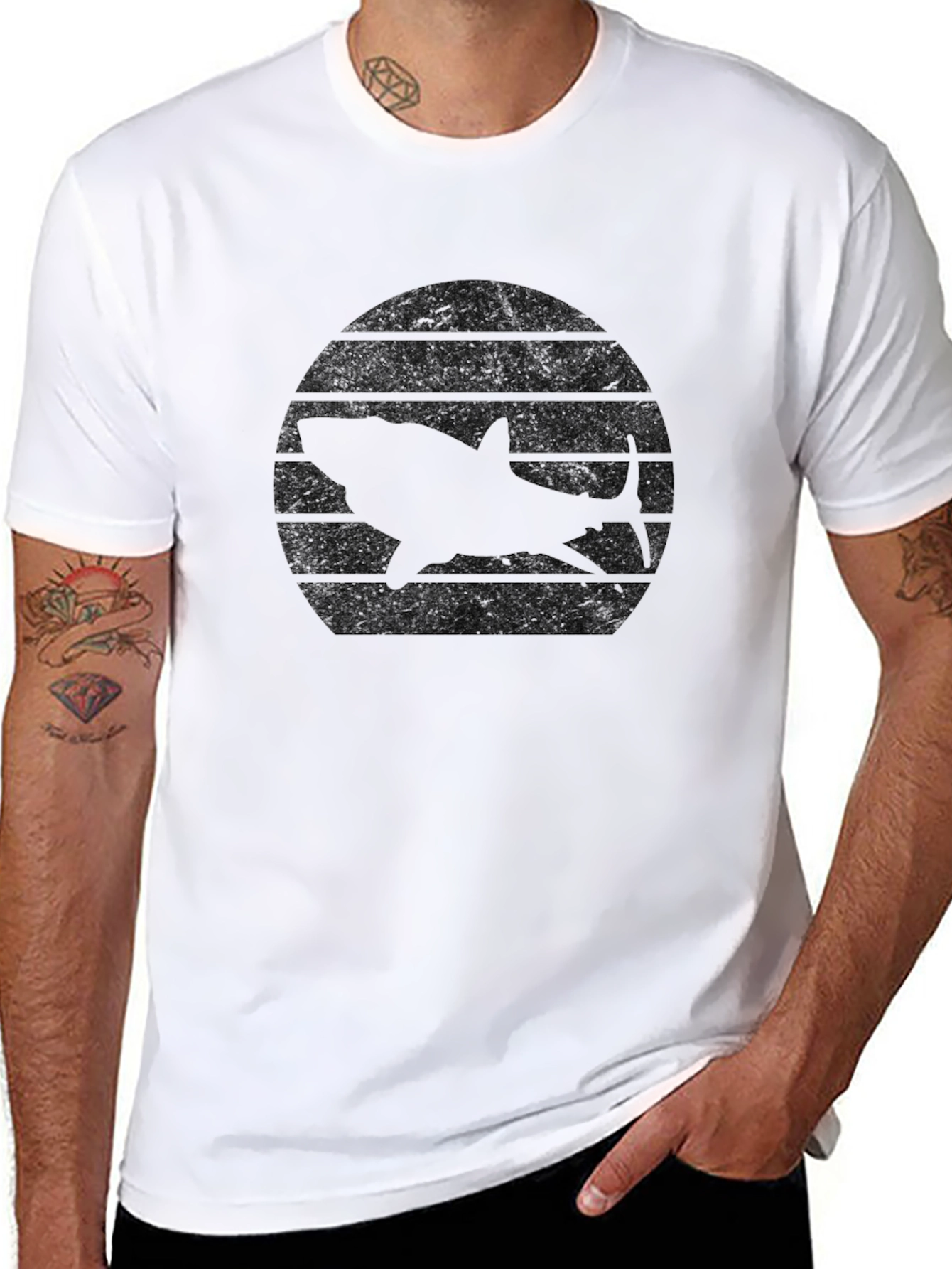 Retro Shark Sunset Black T-Shirt