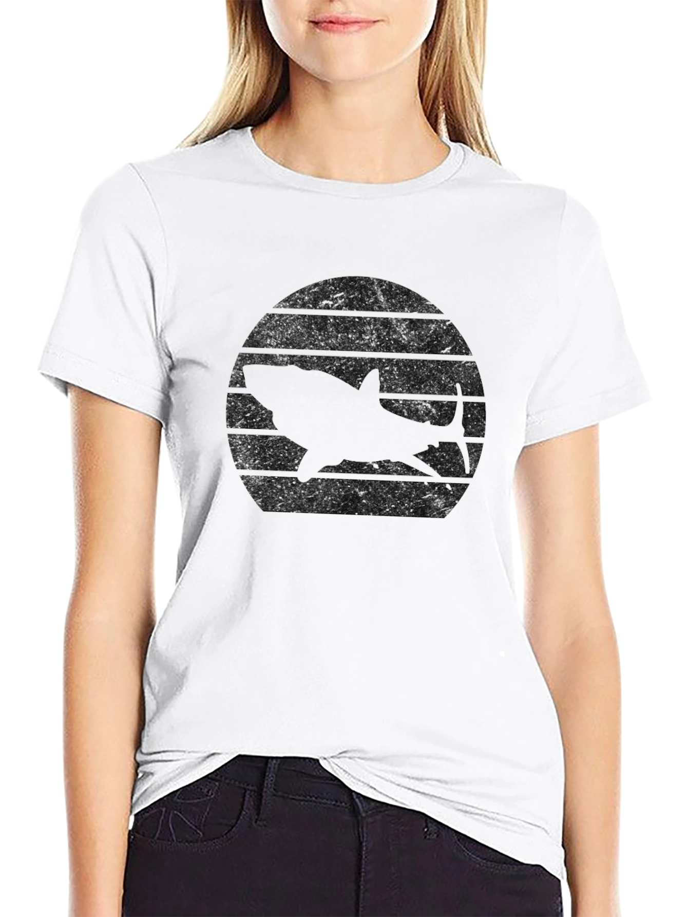 Retro Shark Sunset Black T-Shirt