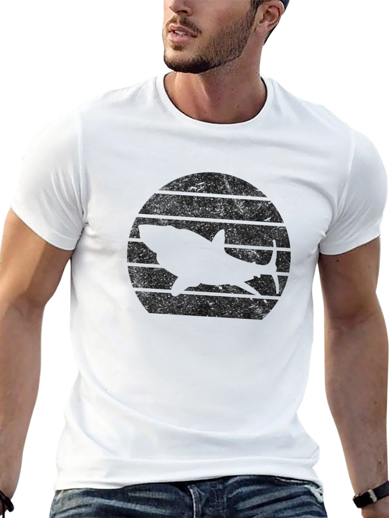 Retro Shark Sunset Black T-Shirt