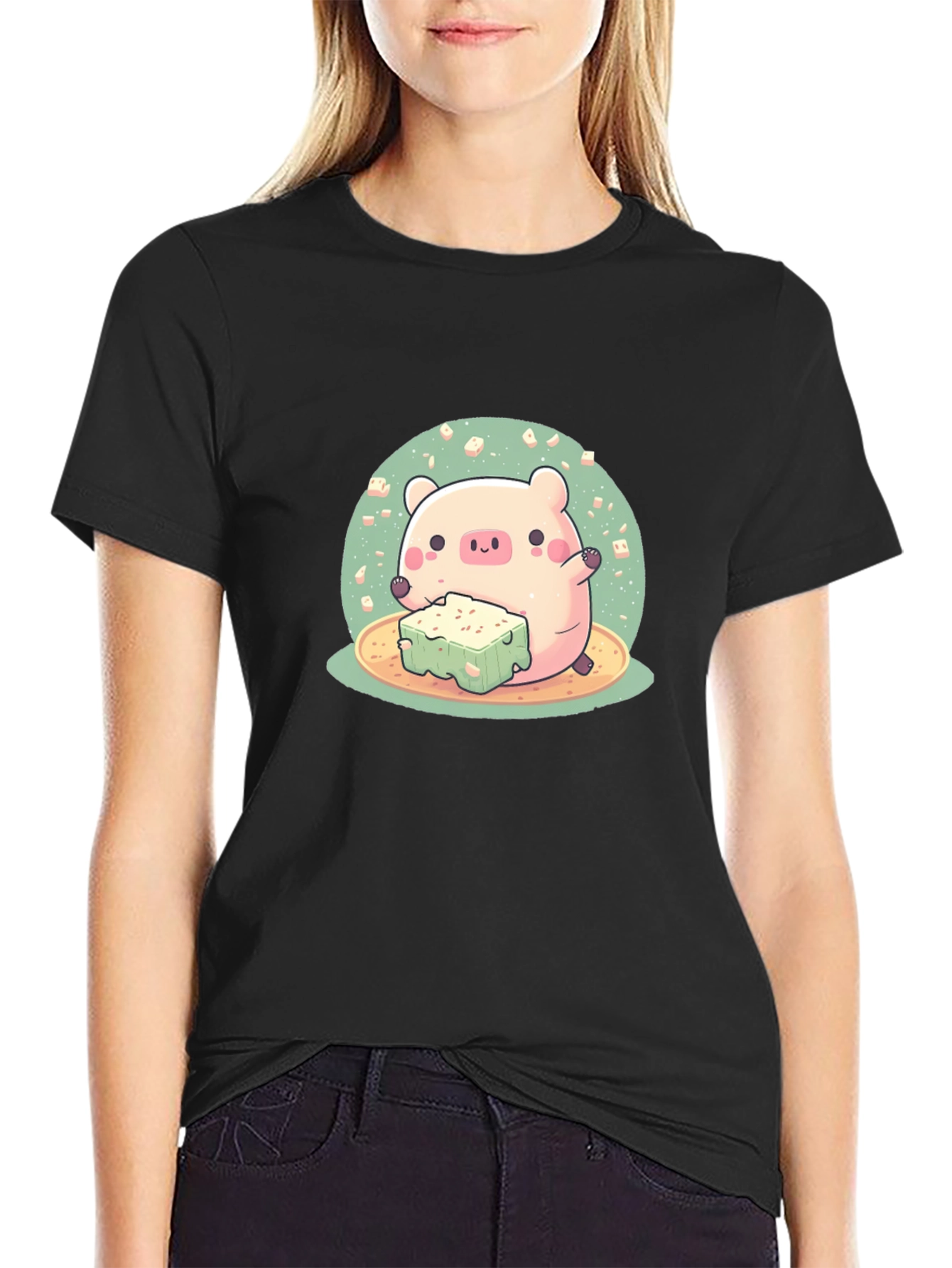 Cute Pig Eating Tofu Graphic Tee