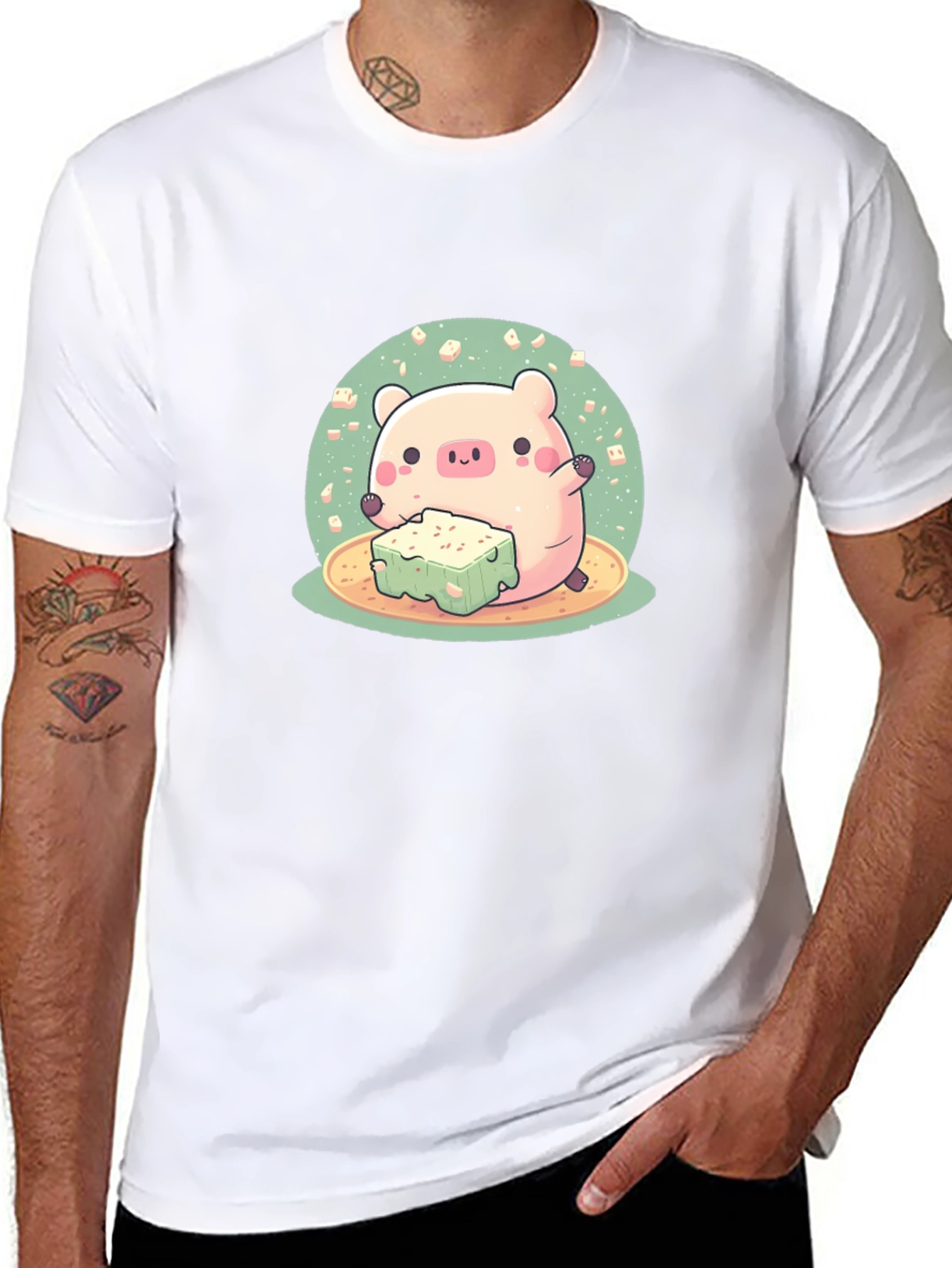 Cute Pig Eating Tofu Graphic Tee