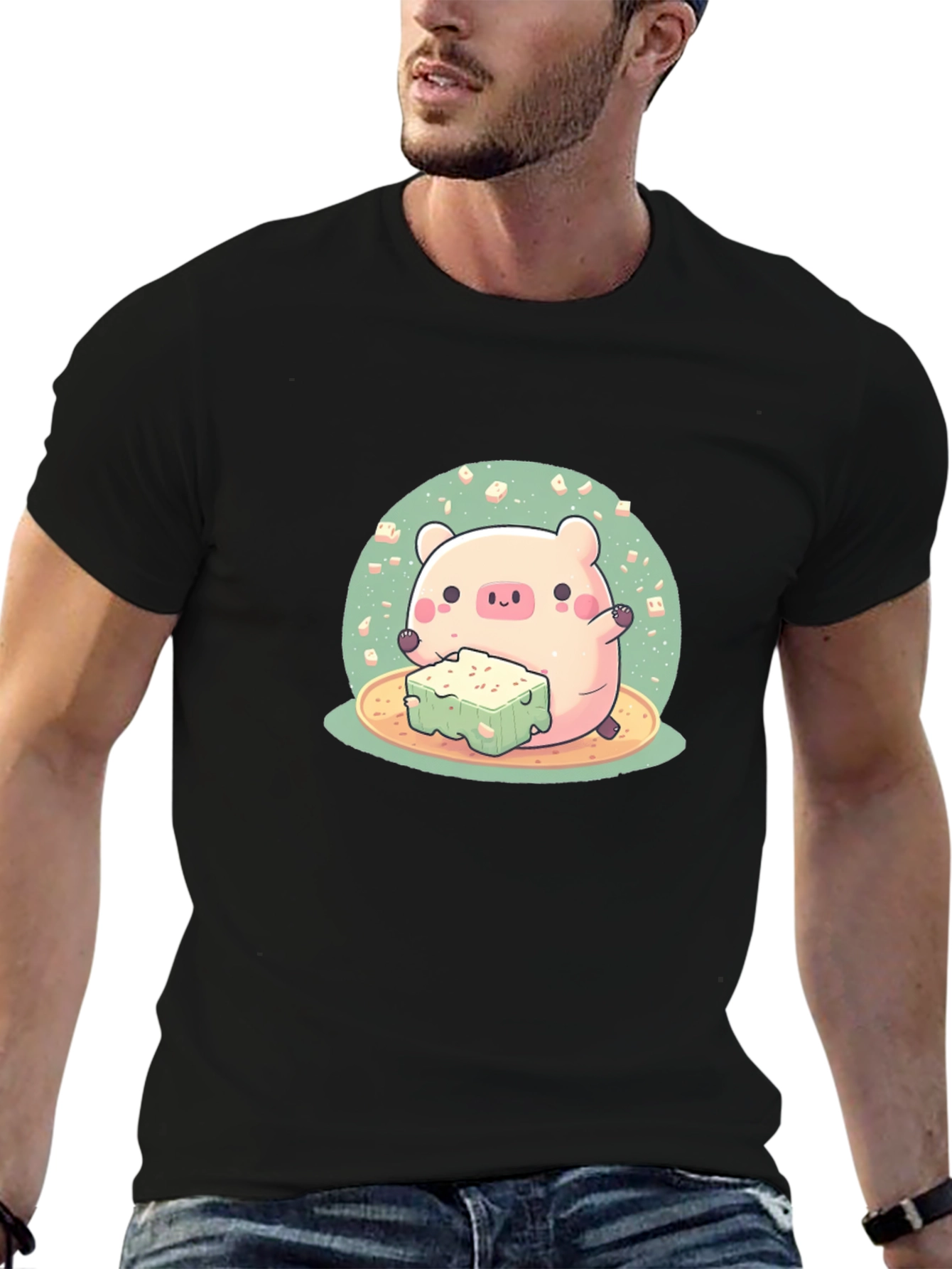 Cute Pig Eating Tofu Graphic Tee