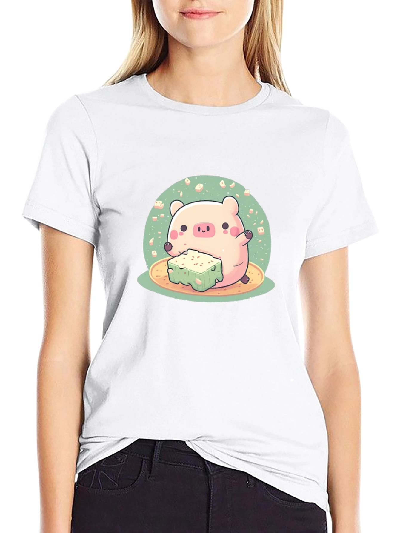 Cute Pig Eating Tofu Graphic Tee