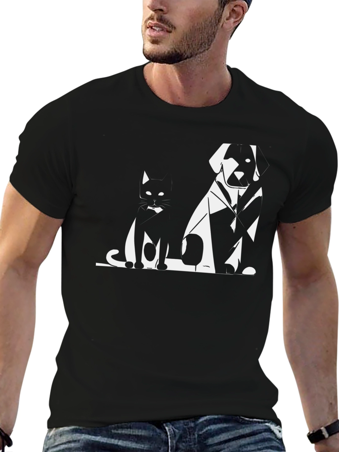 Cat and Dog Graphic Tee - Black