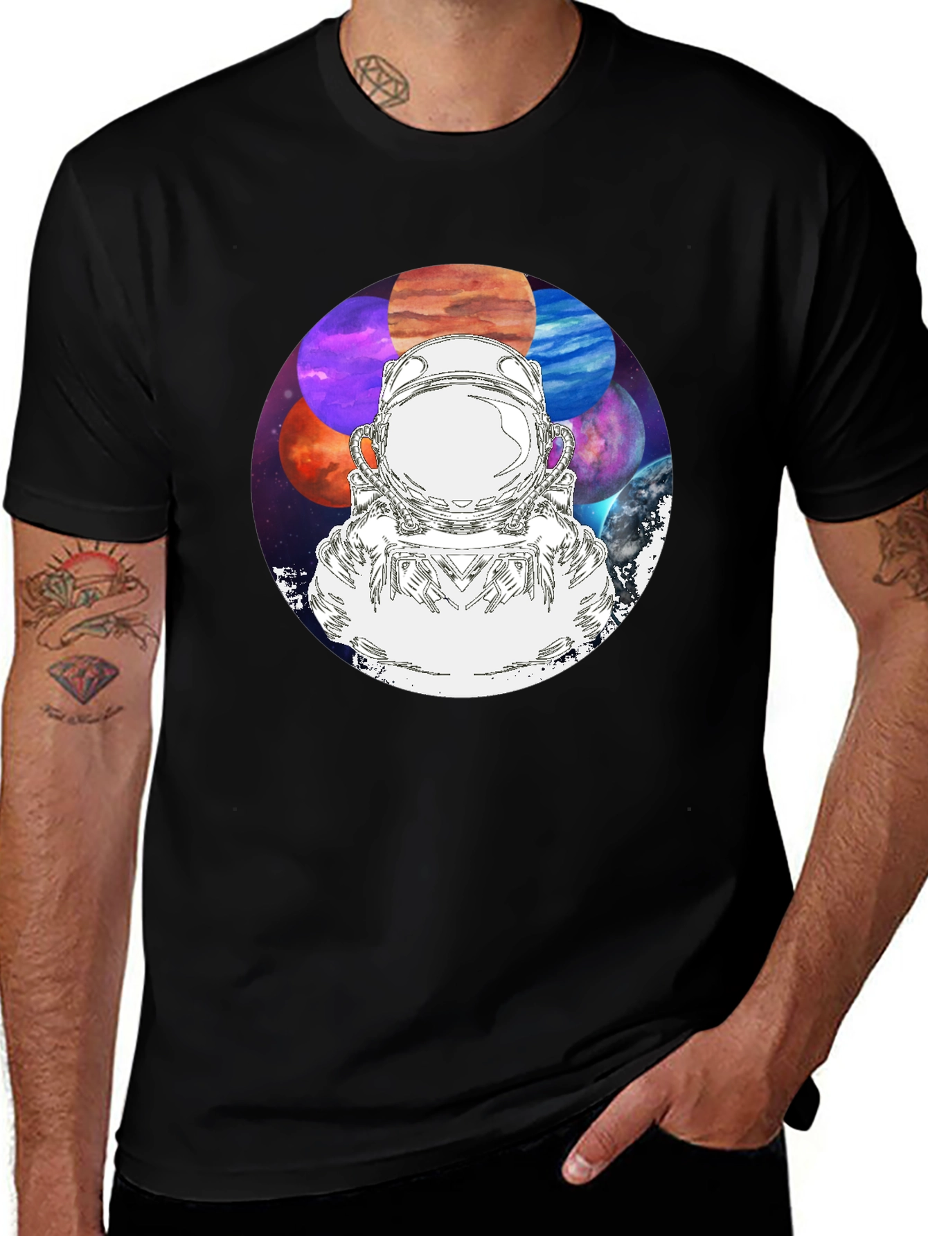 Astronaut & Planets Graphic Black T-Shirt