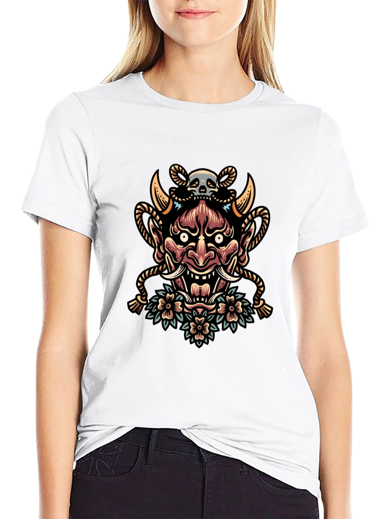 Skull and Oni Mask Graphic Tee - Black