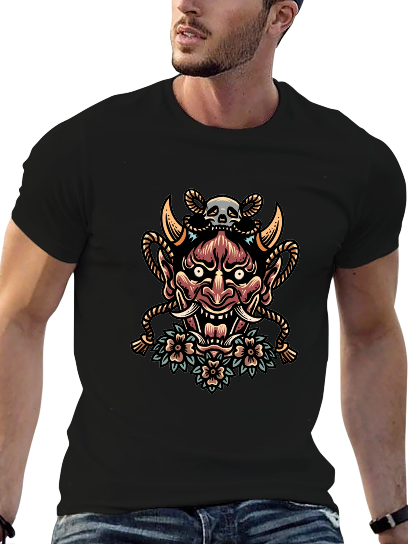 Skull and Oni Mask Graphic Tee - Black