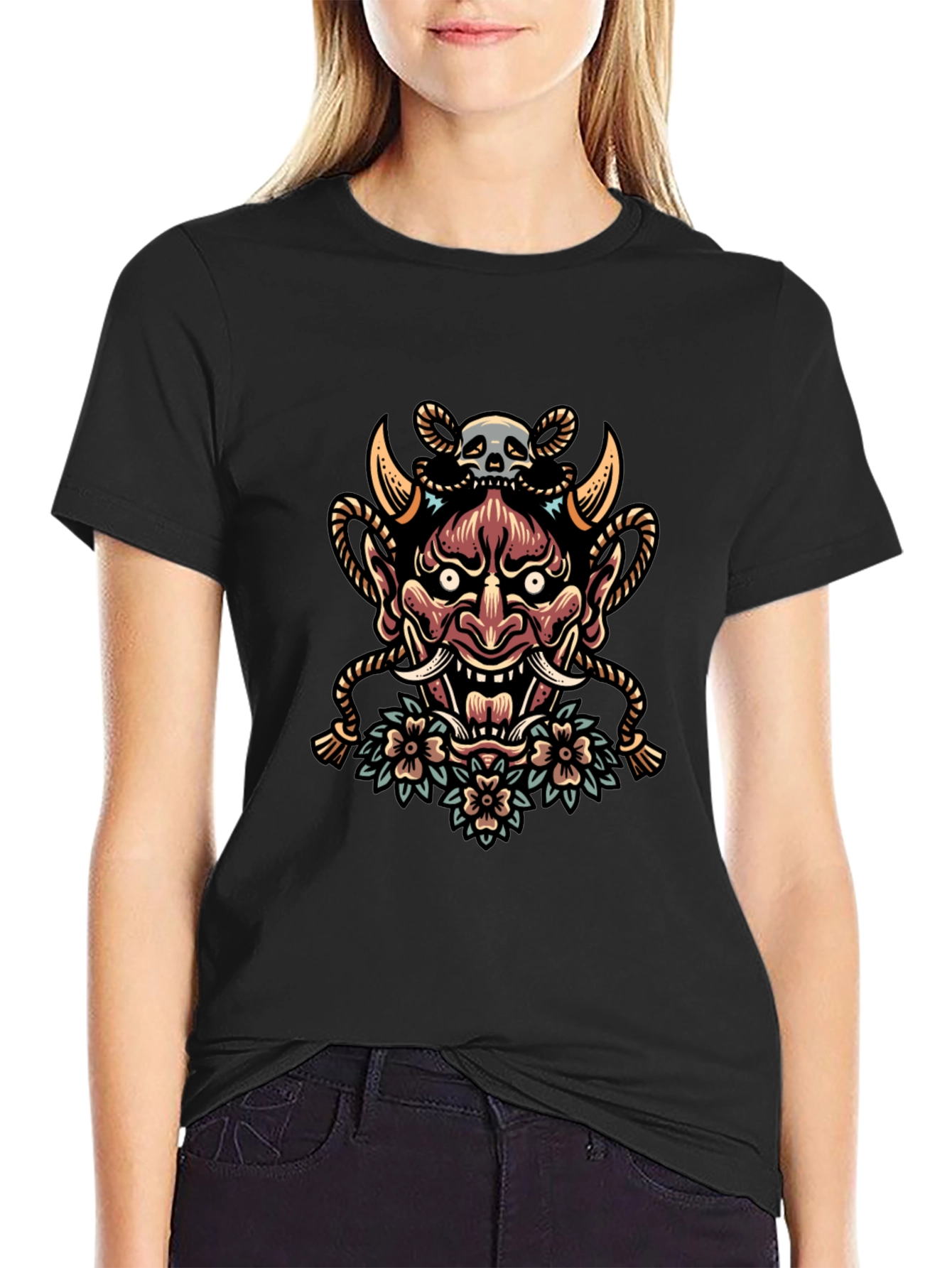 Skull and Oni Mask Graphic Tee - Black