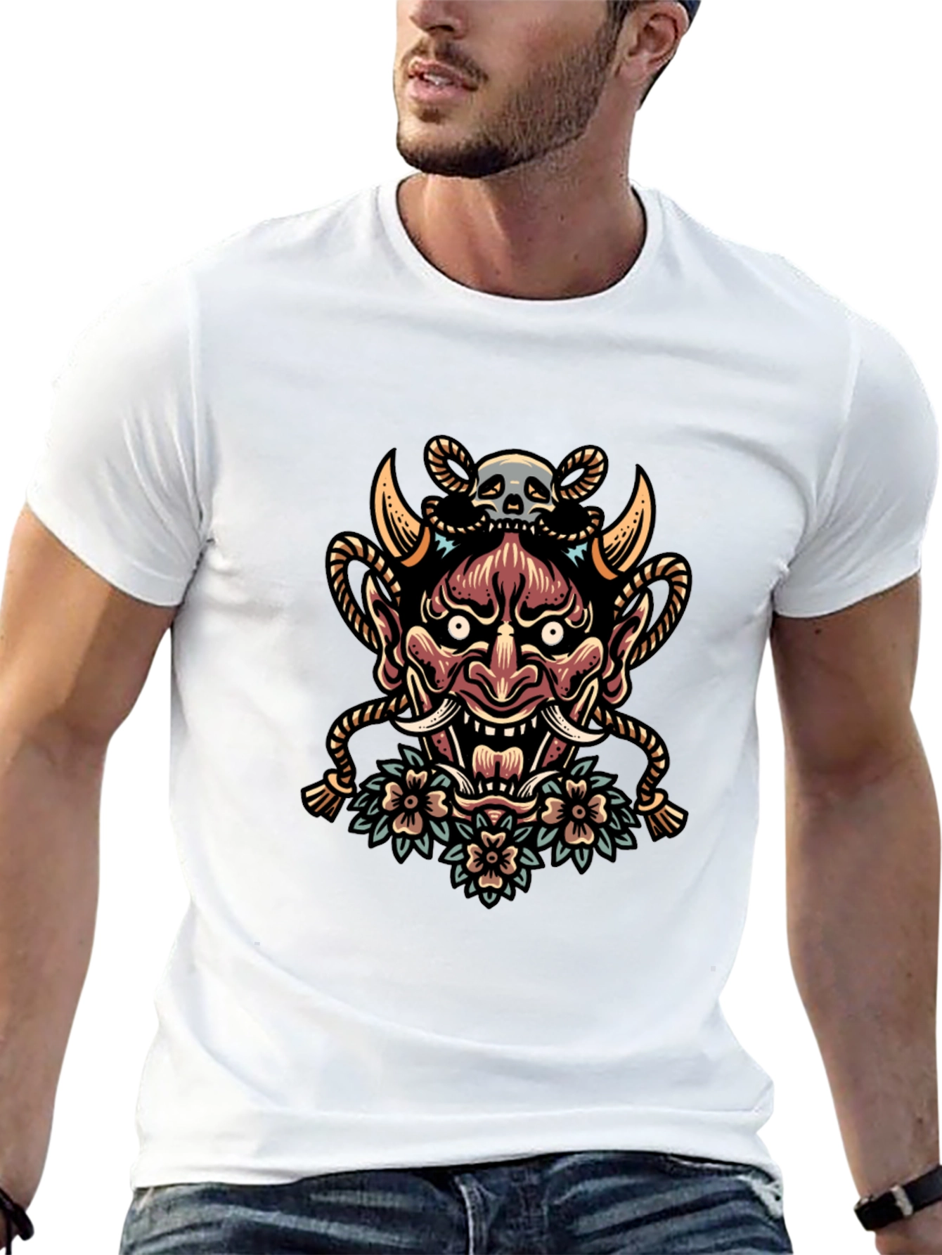 Skull and Oni Mask Graphic Tee - Black