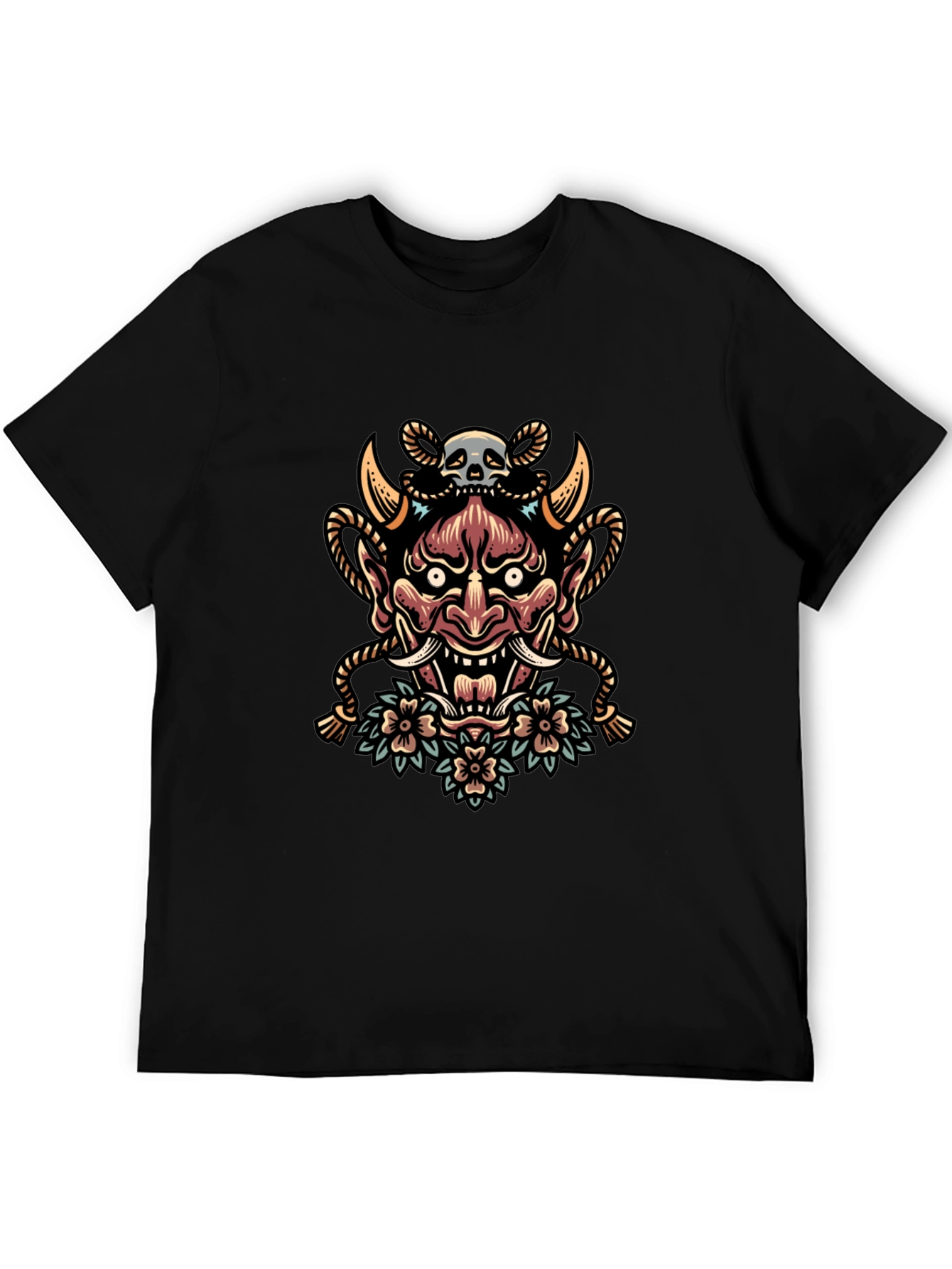 Skull and Oni Mask Graphic Tee - Black