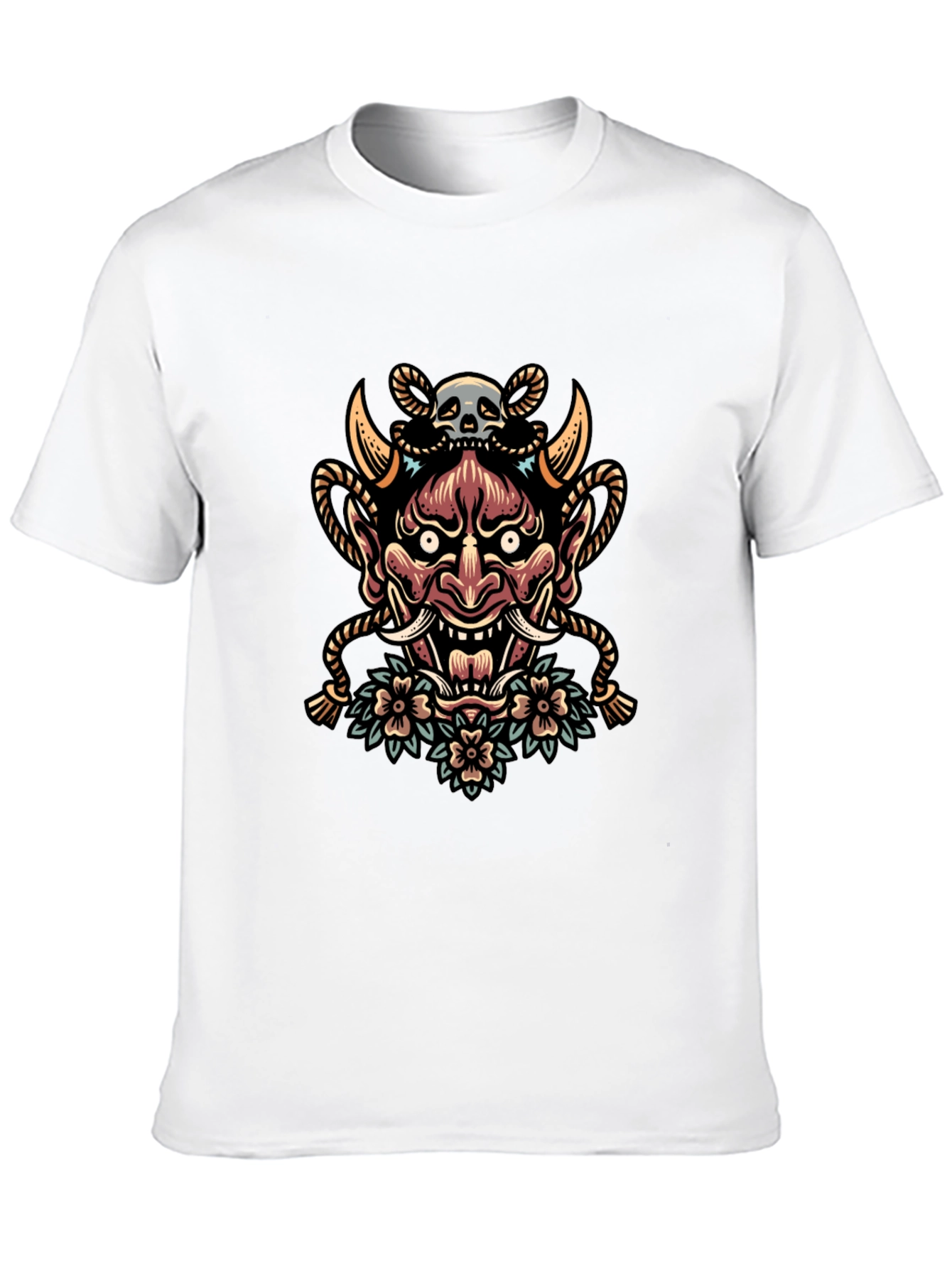Skull and Oni Mask Graphic Tee - Black