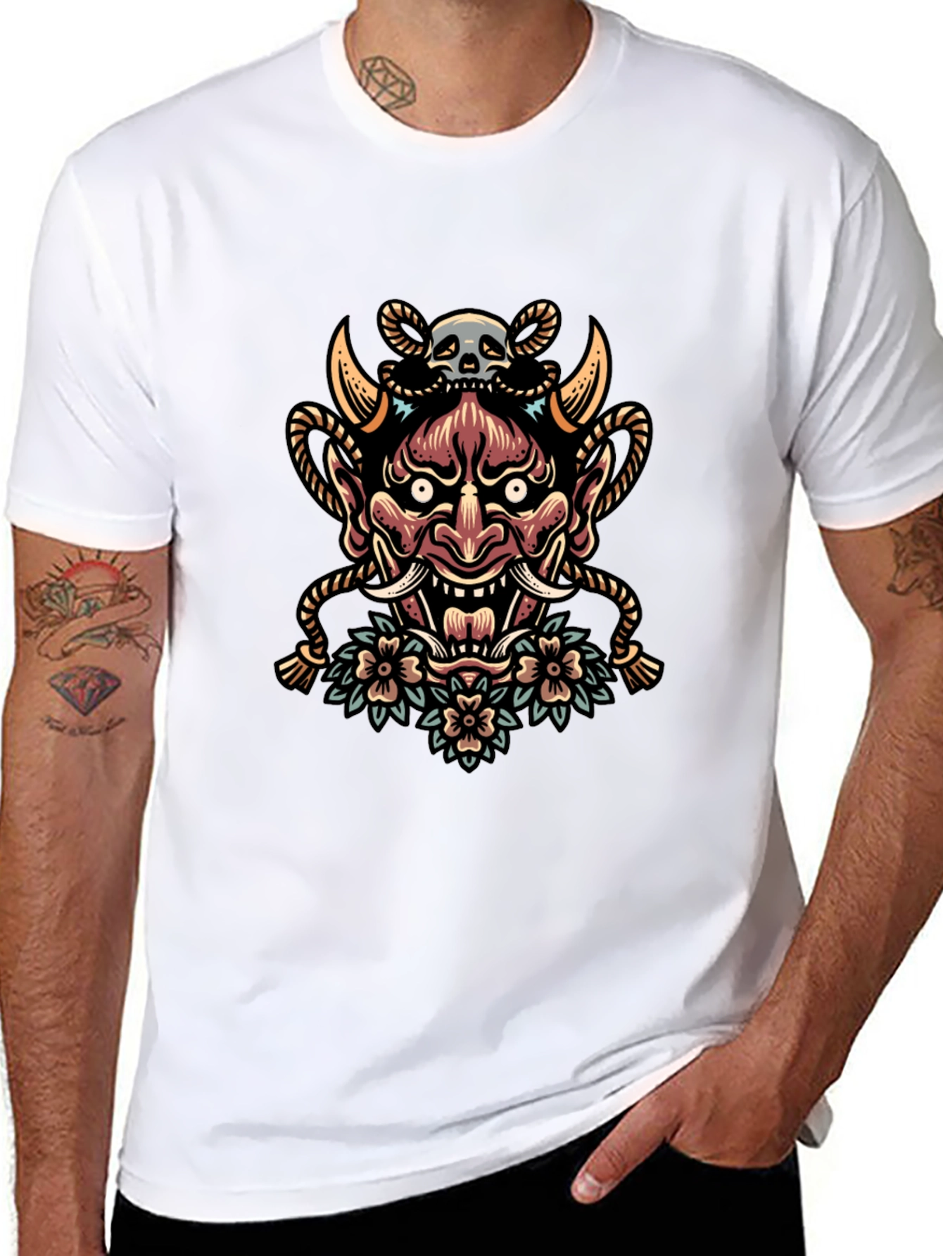 Skull and Oni Mask Graphic Tee - Black