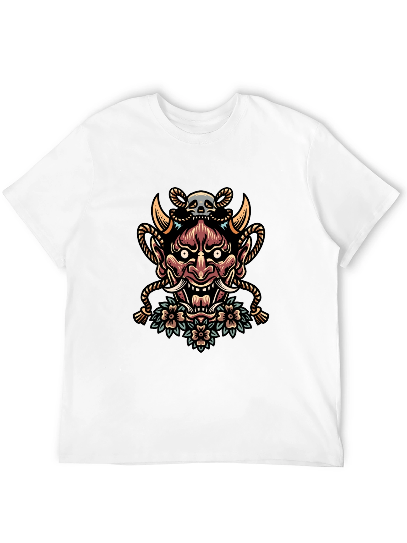 Skull and Oni Mask Graphic Tee - Black