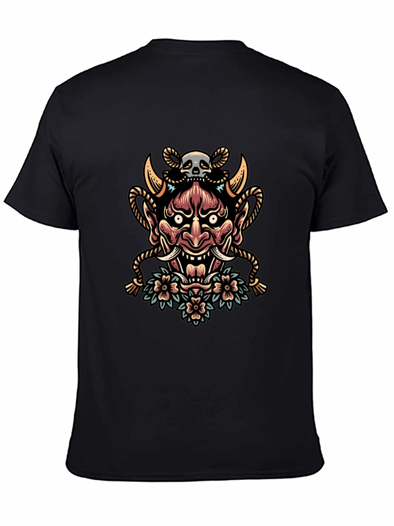 Skull and Oni Mask Graphic Tee - Black