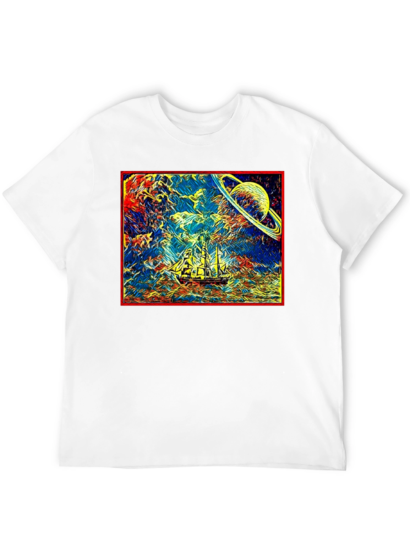 Cosmic Voyage T-Shirt - Saturn & Sailing Ship Tee