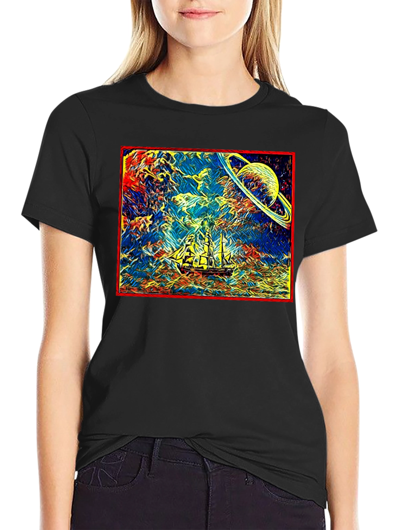 Cosmic Voyage T-Shirt - Saturn & Sailing Ship Tee