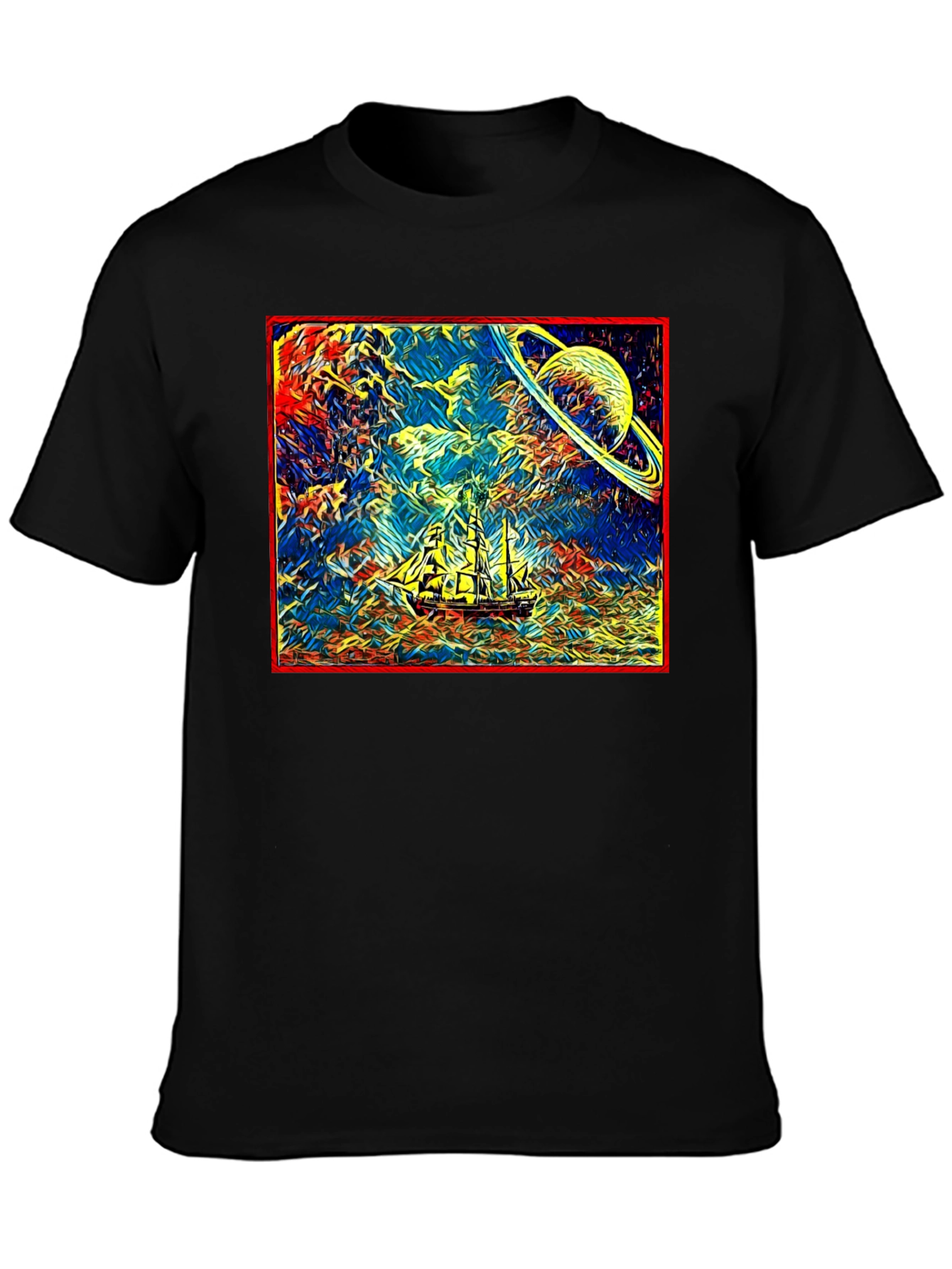 Cosmic Voyage T-Shirt - Saturn & Sailing Ship Tee