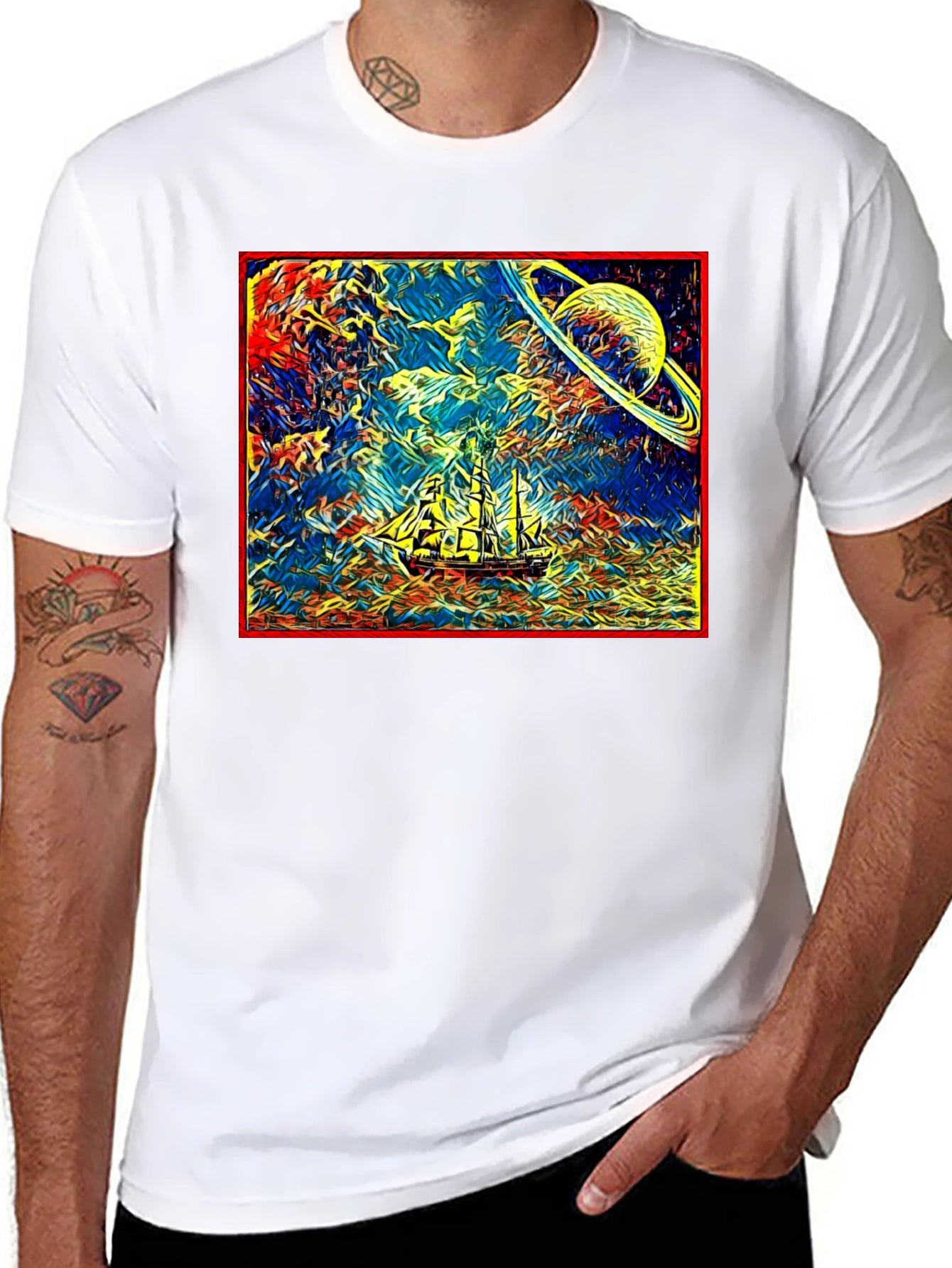 Cosmic Voyage T-Shirt - Saturn & Sailing Ship Tee