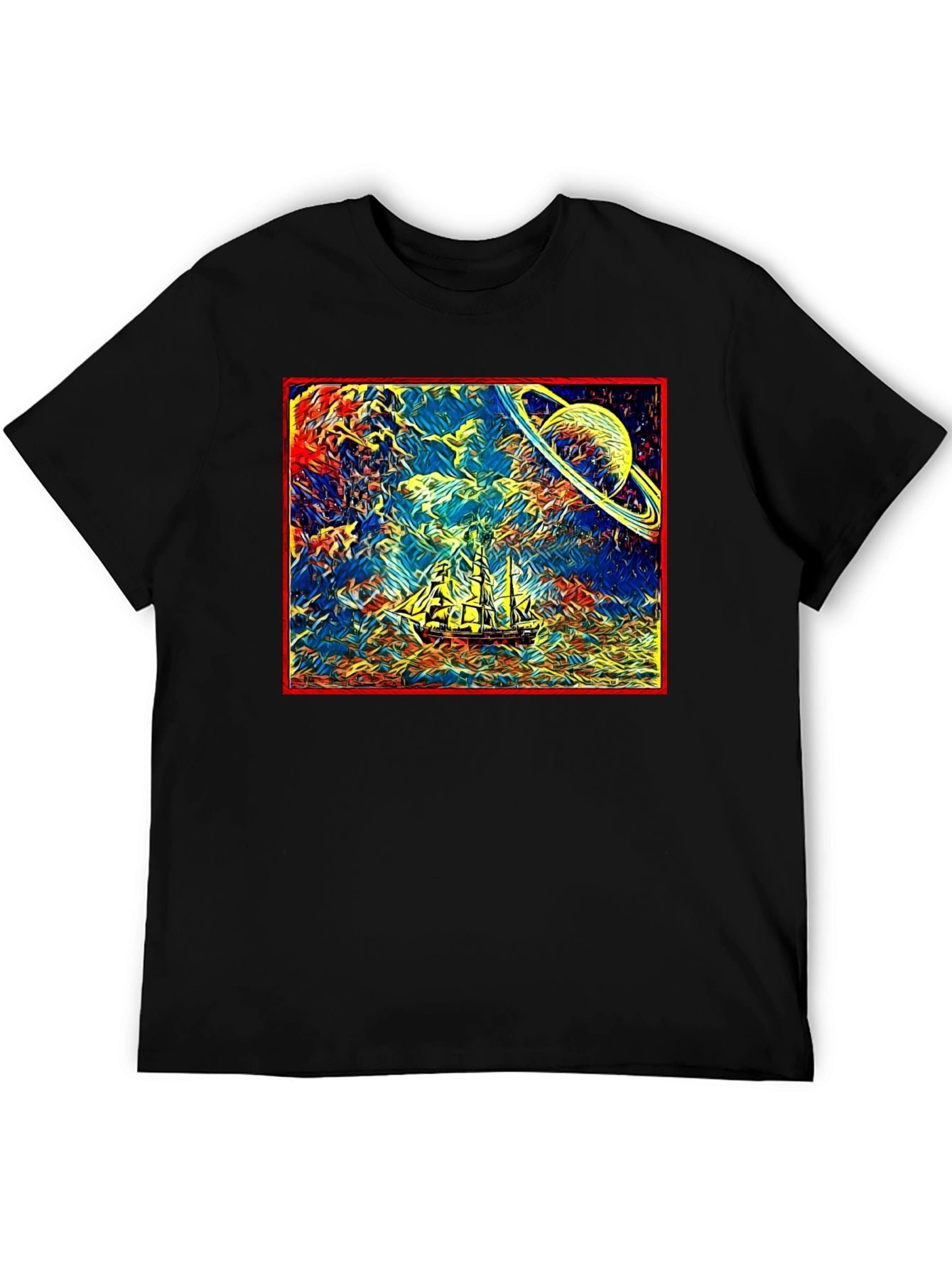Cosmic Voyage T-Shirt - Saturn & Sailing Ship Tee