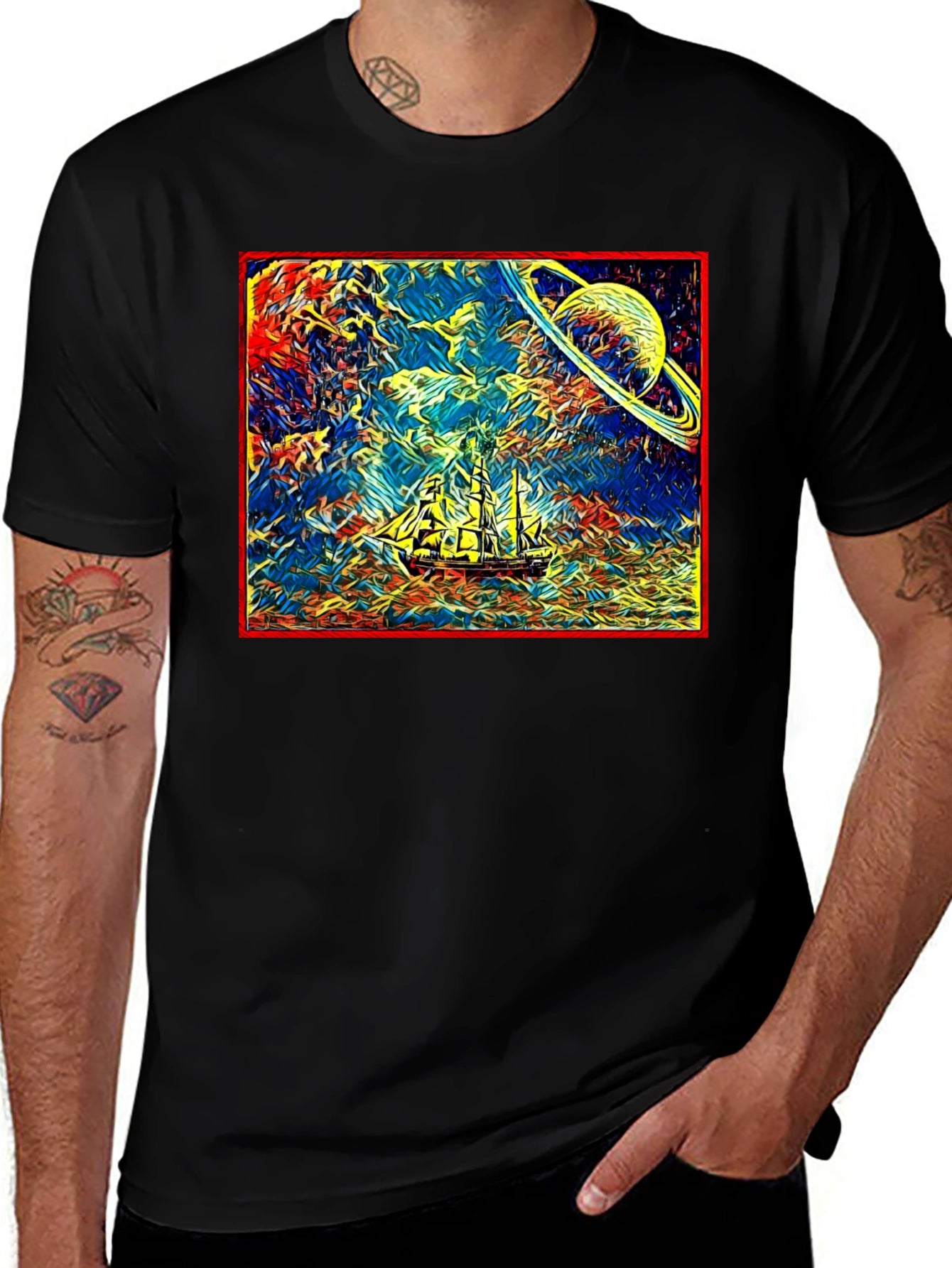 Cosmic Voyage T-Shirt - Saturn & Sailing Ship Tee