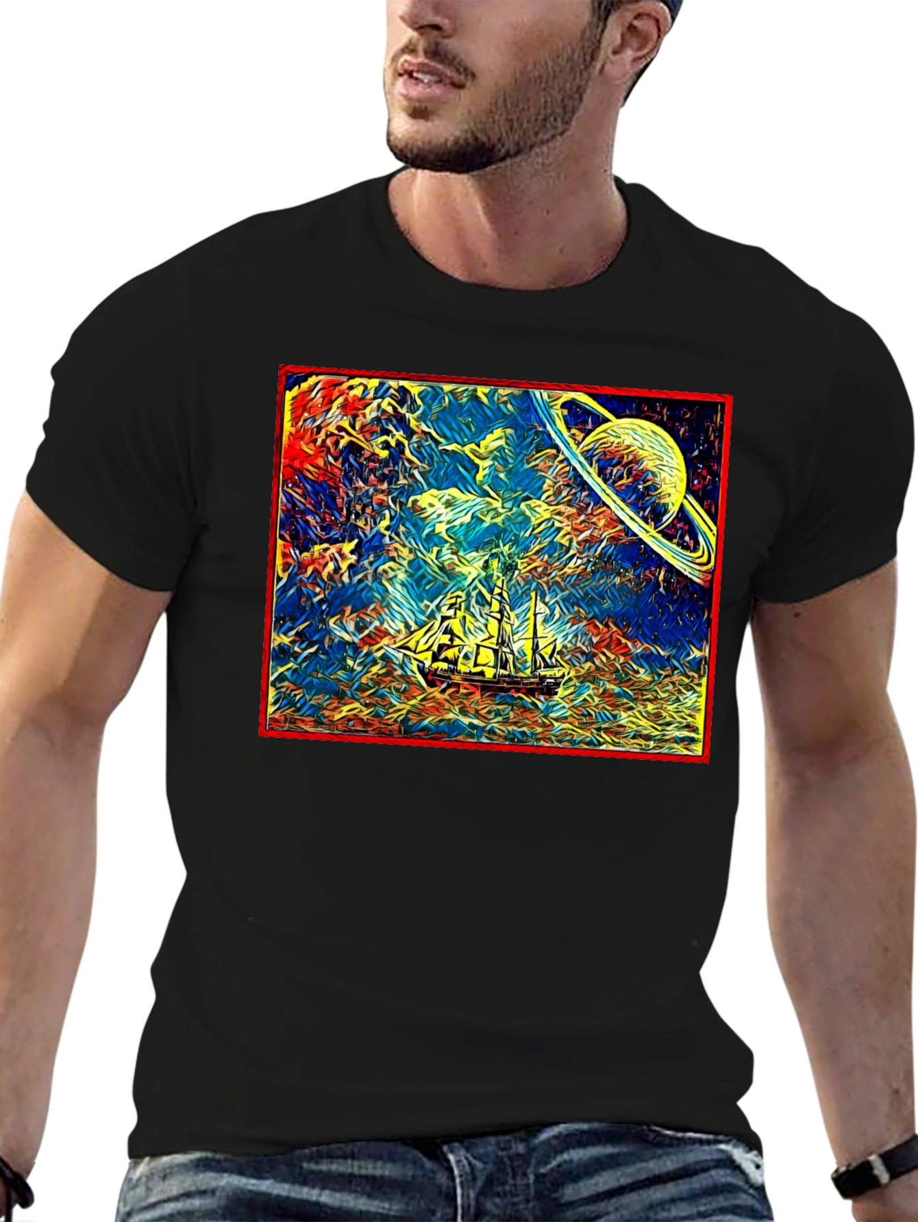 Cosmic Voyage T-Shirt - Saturn & Sailing Ship Tee