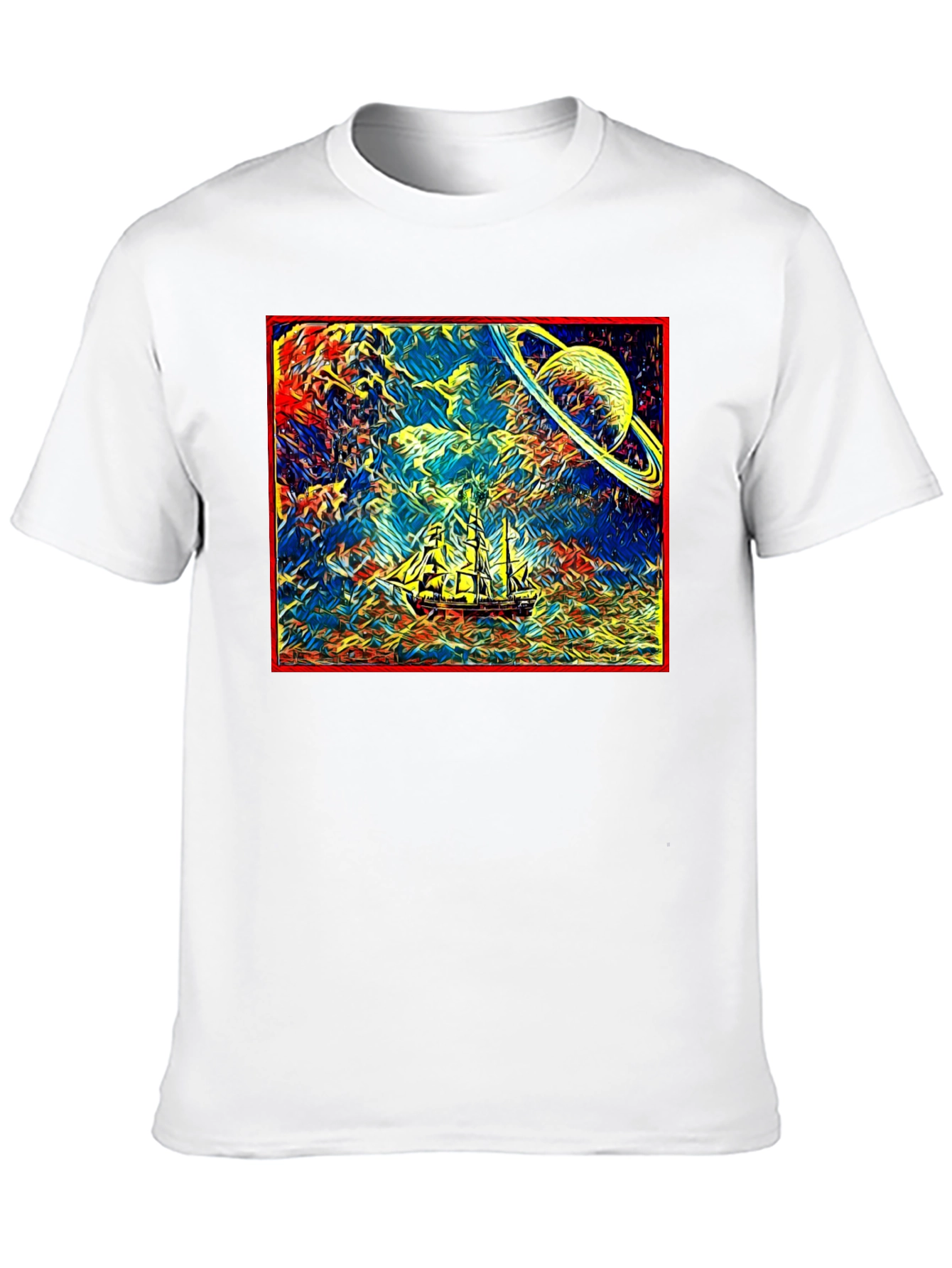 Cosmic Voyage T-Shirt - Saturn & Sailing Ship Tee