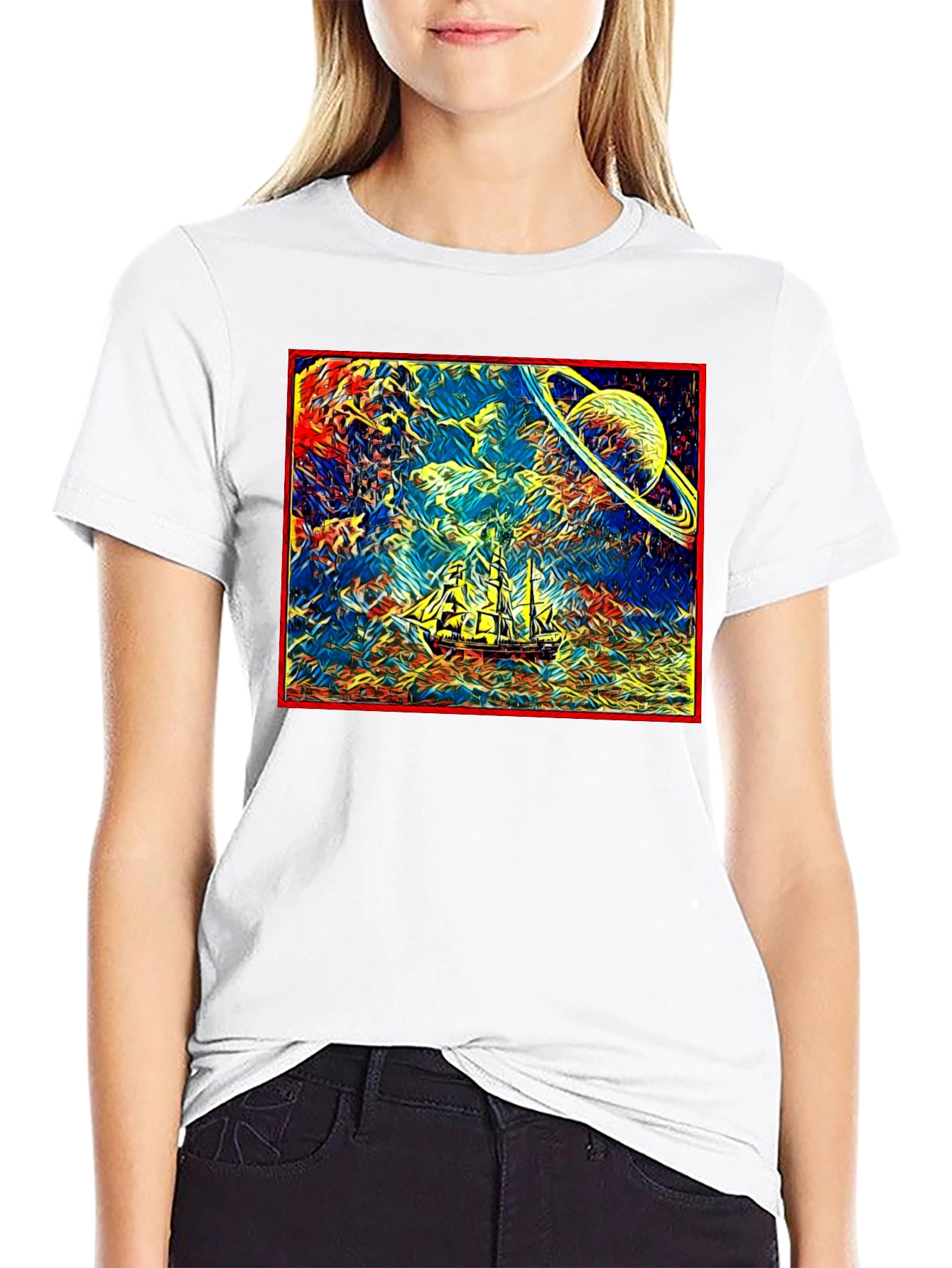 Cosmic Voyage T-Shirt - Saturn & Sailing Ship Tee