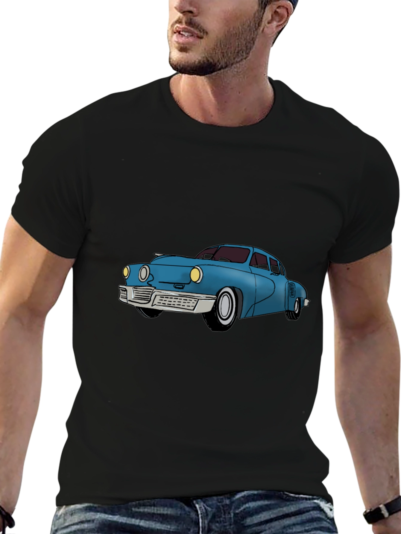 Classic Car Graphic Tee - Black Cotton T-Shirt